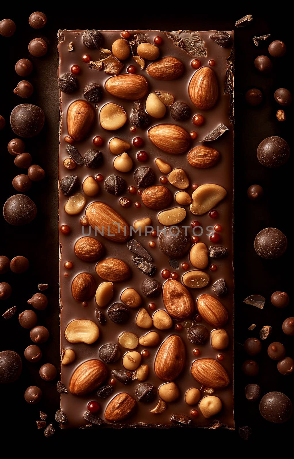 Chocolate nuts bar with almonds, hazelnuts, and peanuts - a delicious dessert treat