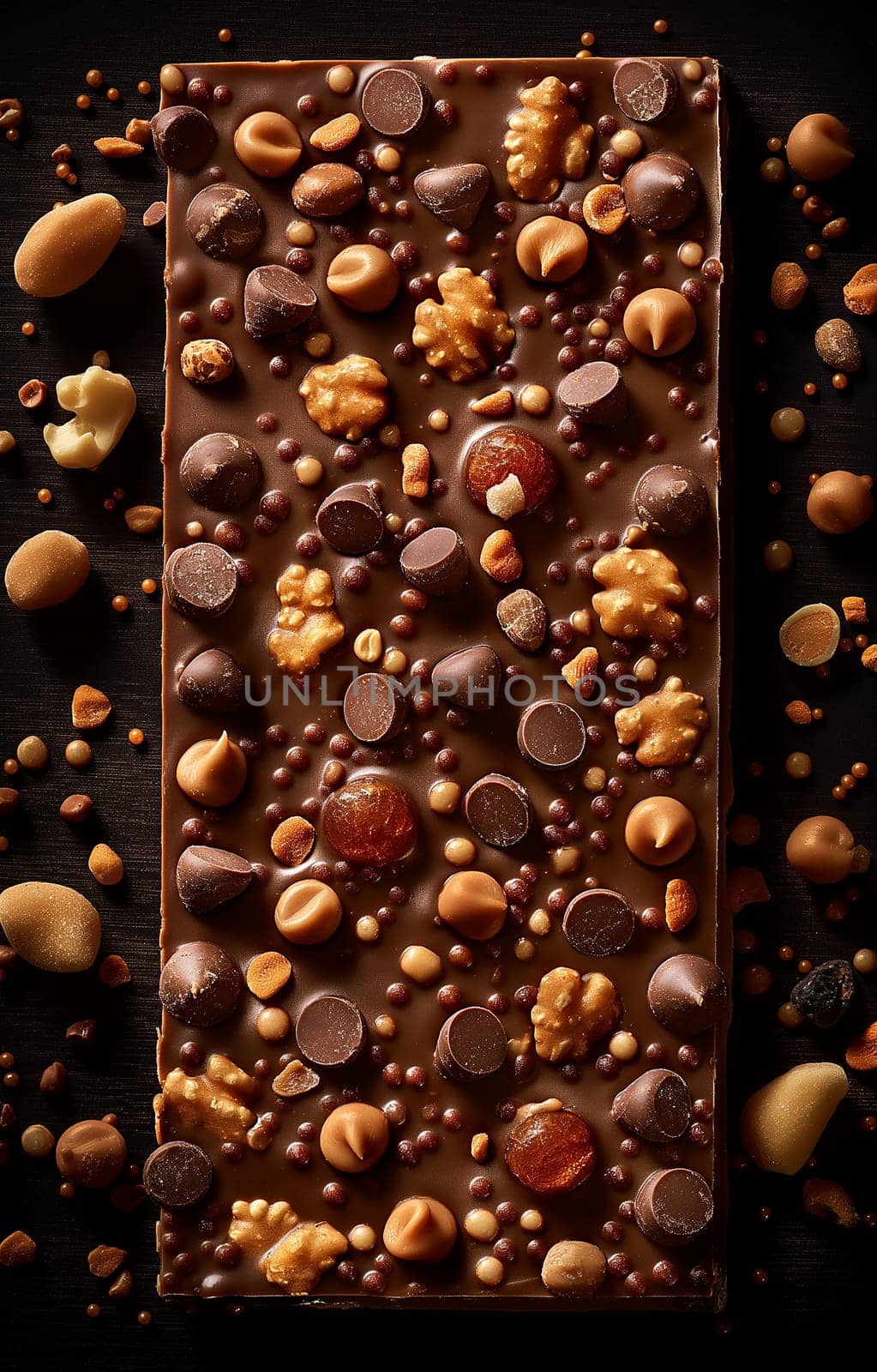 Delicious dark chocolate bar with nuts, caramel, and sweet textures for a gourmet dessert treat