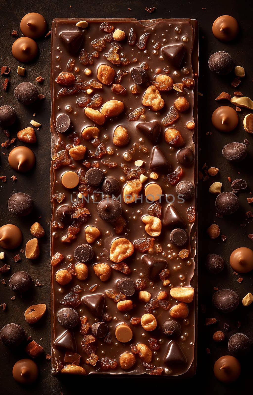 Decadent chocolate bar topped with a variety of nuts, caramel, and crispy treats