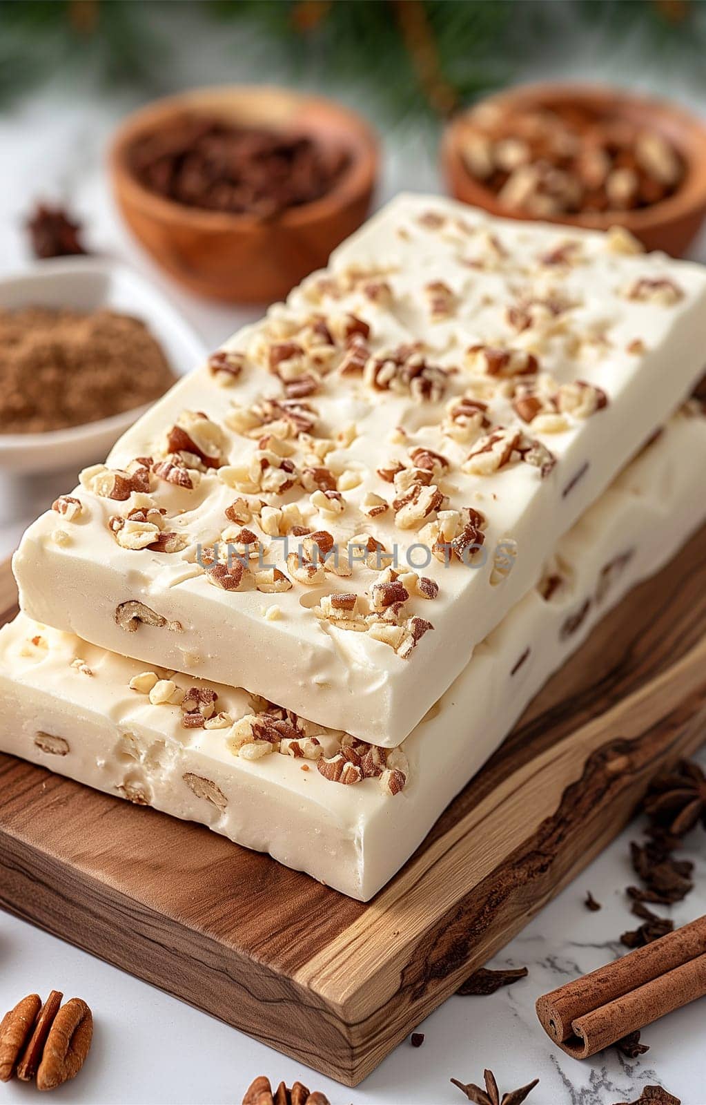Delicious white chocolate nougat with pecans on a wooden board, a sweet dessert for holidays