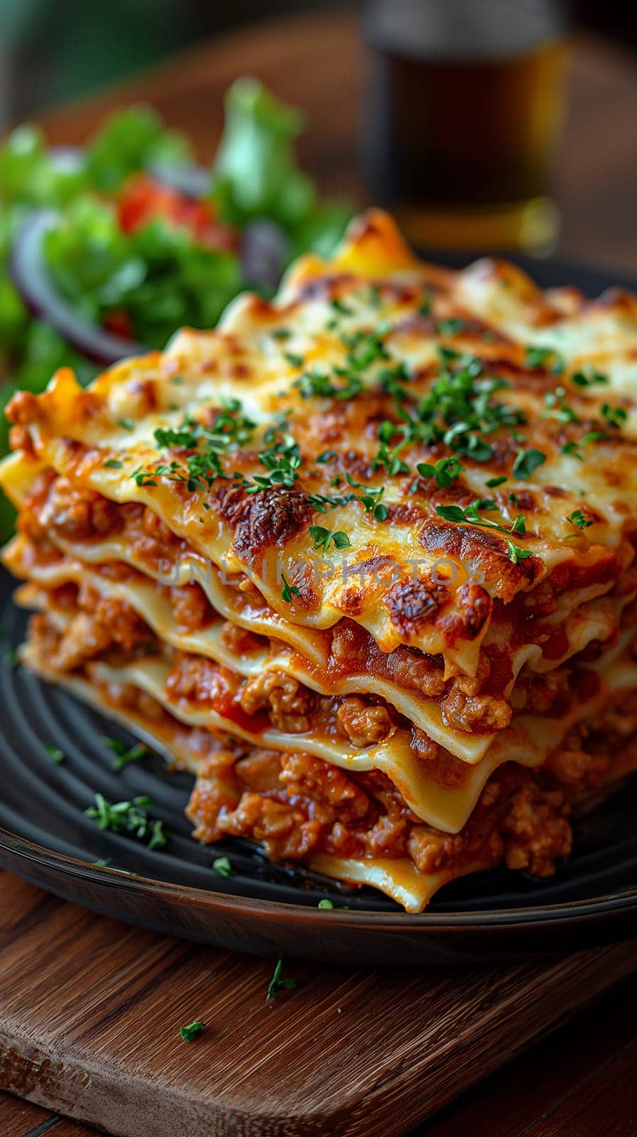 Delicious homemade Italian lasagna with layers of cheese, meat, tomato, and pasta, perfectly baked