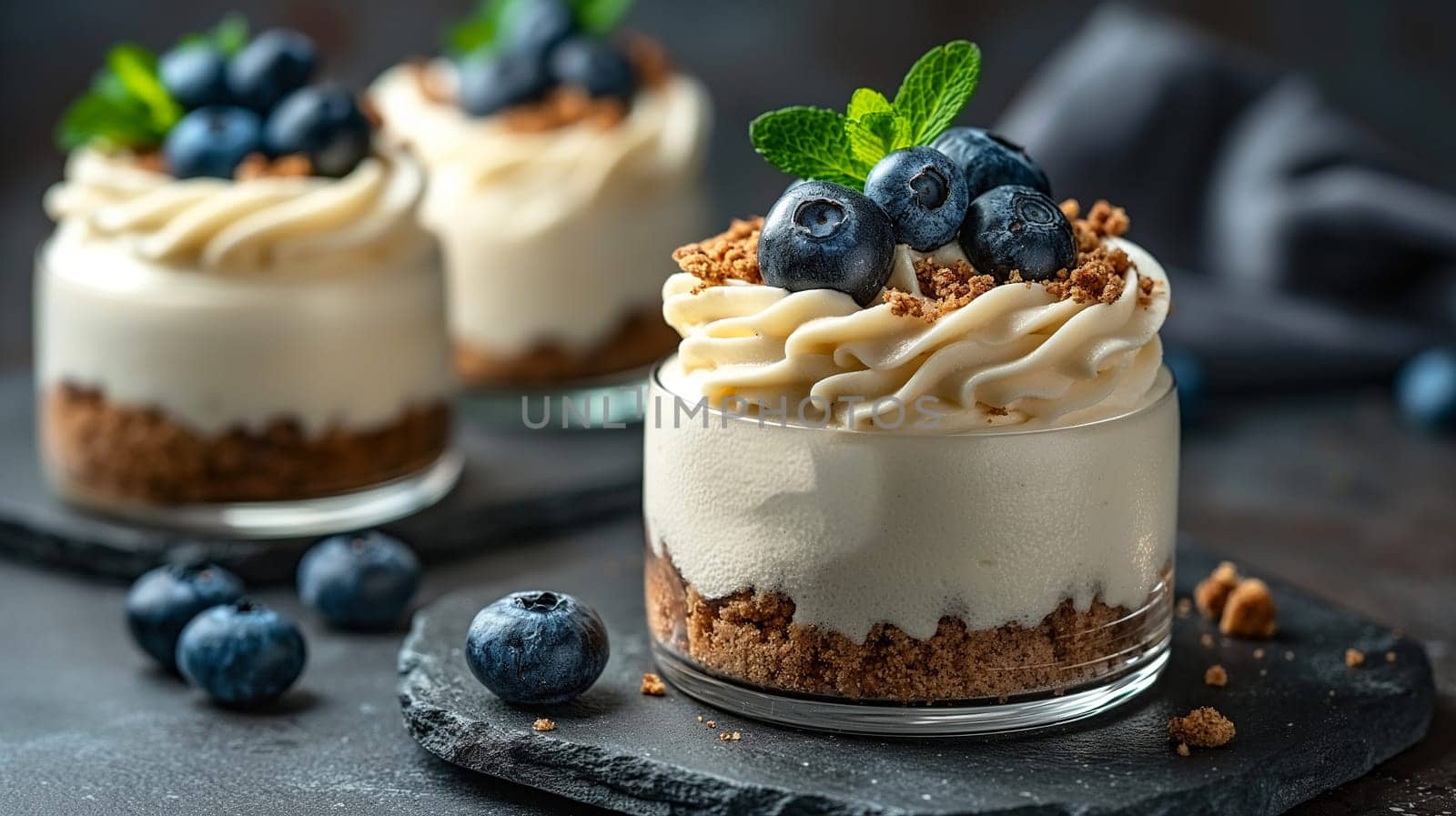 Layered cheesecake dessert with blueberries, whipped cream, crumble, and mint garnish