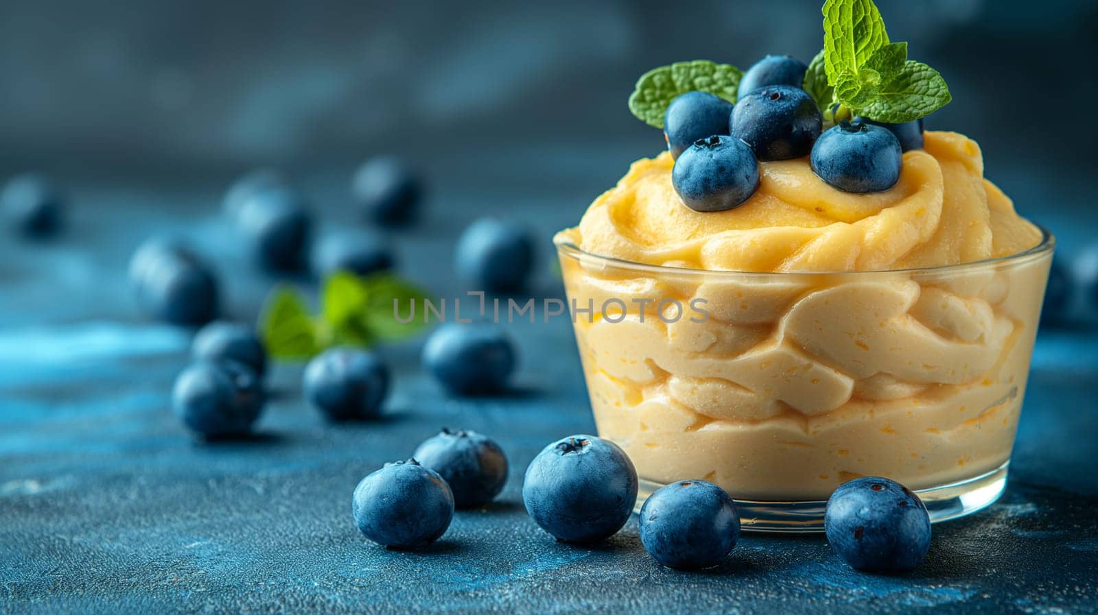 Refreshing creamy blueberry dessert with mint topping in a glass, perfect for a summer delight!