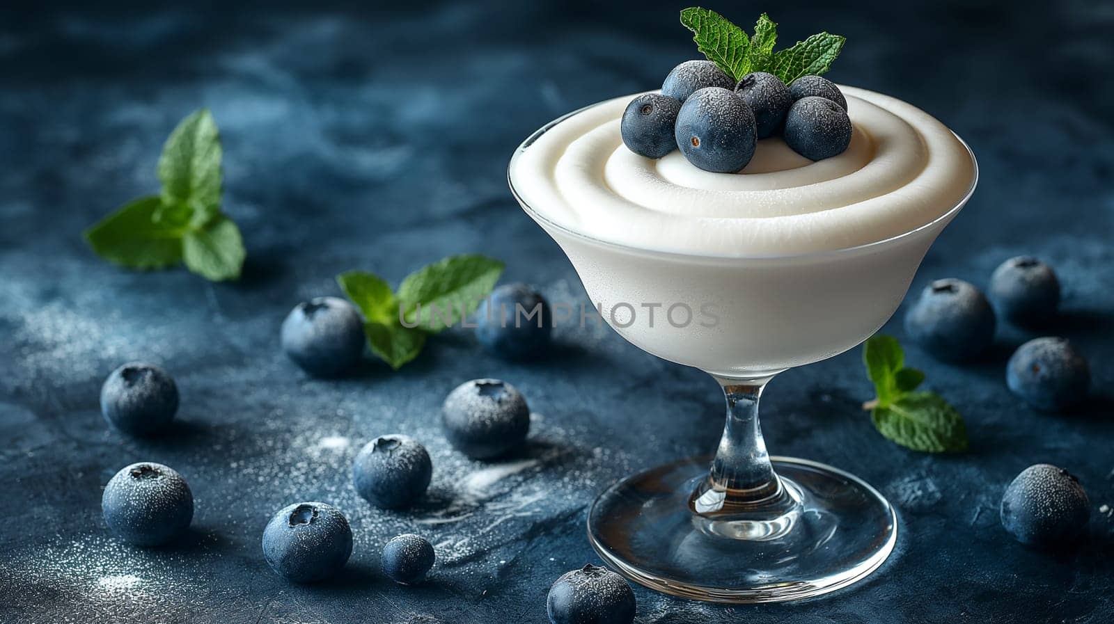 Delicious blueberries dessert with creamy yogurt and fresh mint garnished in a beautiful bowl