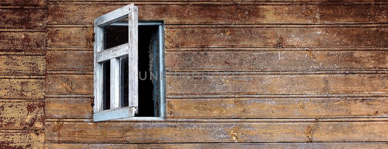 Brown wall open window background image. Old house. Vitage, wood trim of an old house.