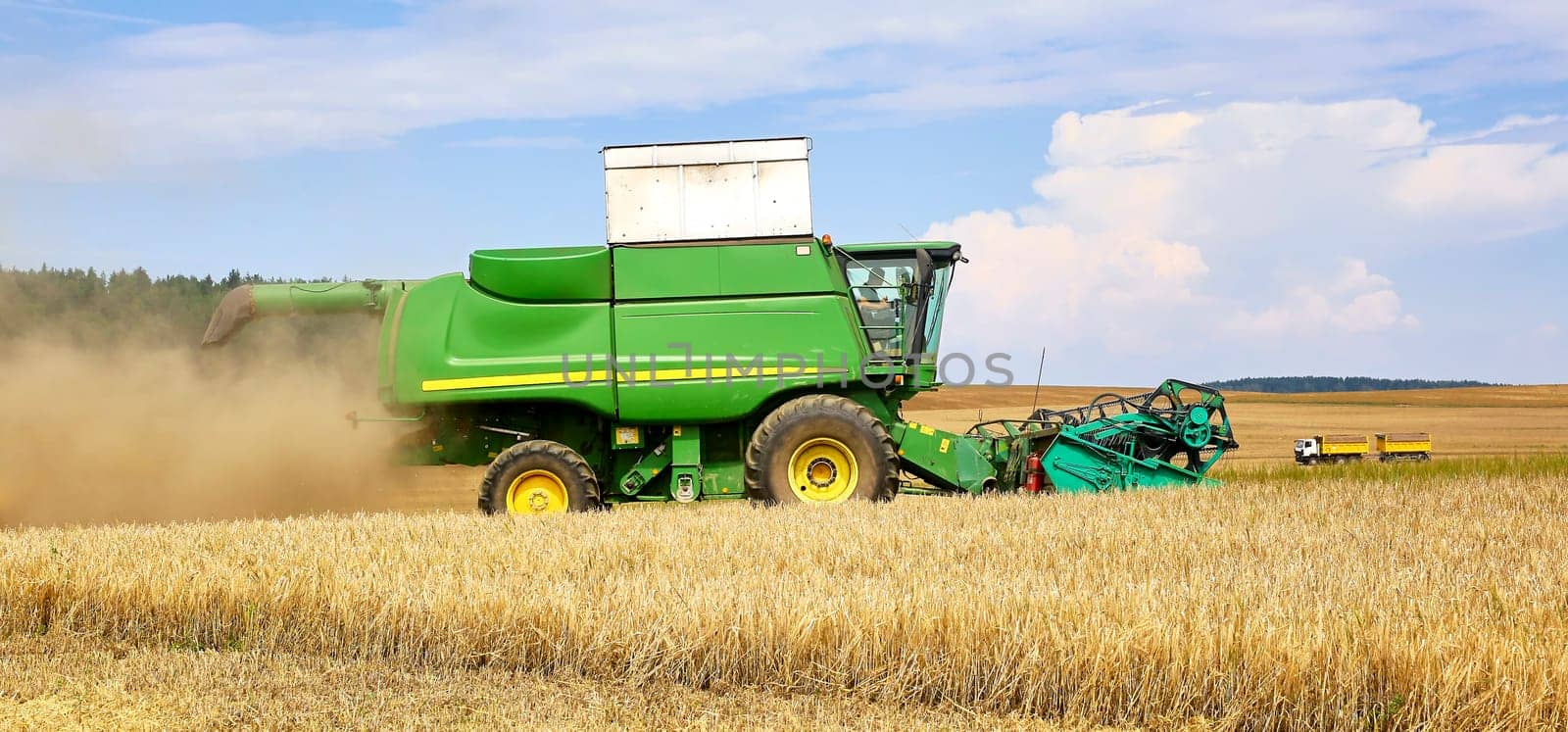 Combine to the mowing removes wheat on the field. Harvester removes the ripened wheat crop on the field