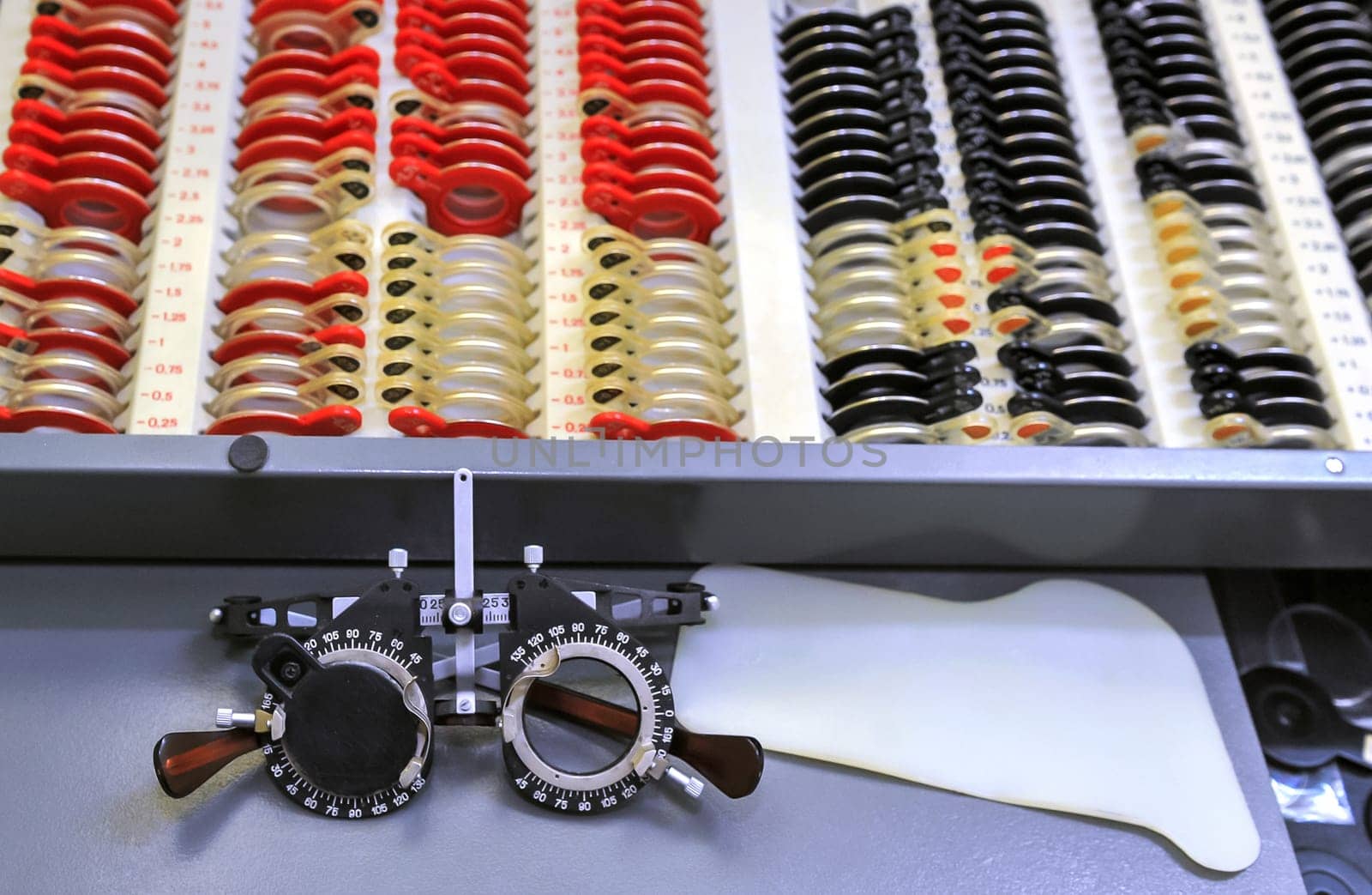 Ophthalmic equipment. Medical laboratory. lenses and glasses for vision diagnostic. Medical devices in hospital room. eyes examination test