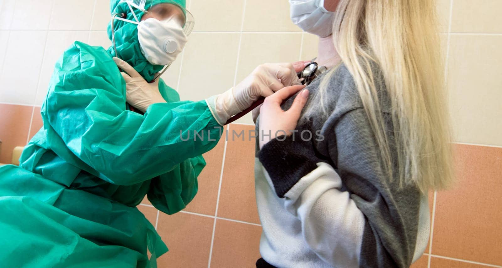 Coronavirus infection, hCov, biohazard, virus, face in protective suit and gas mask.