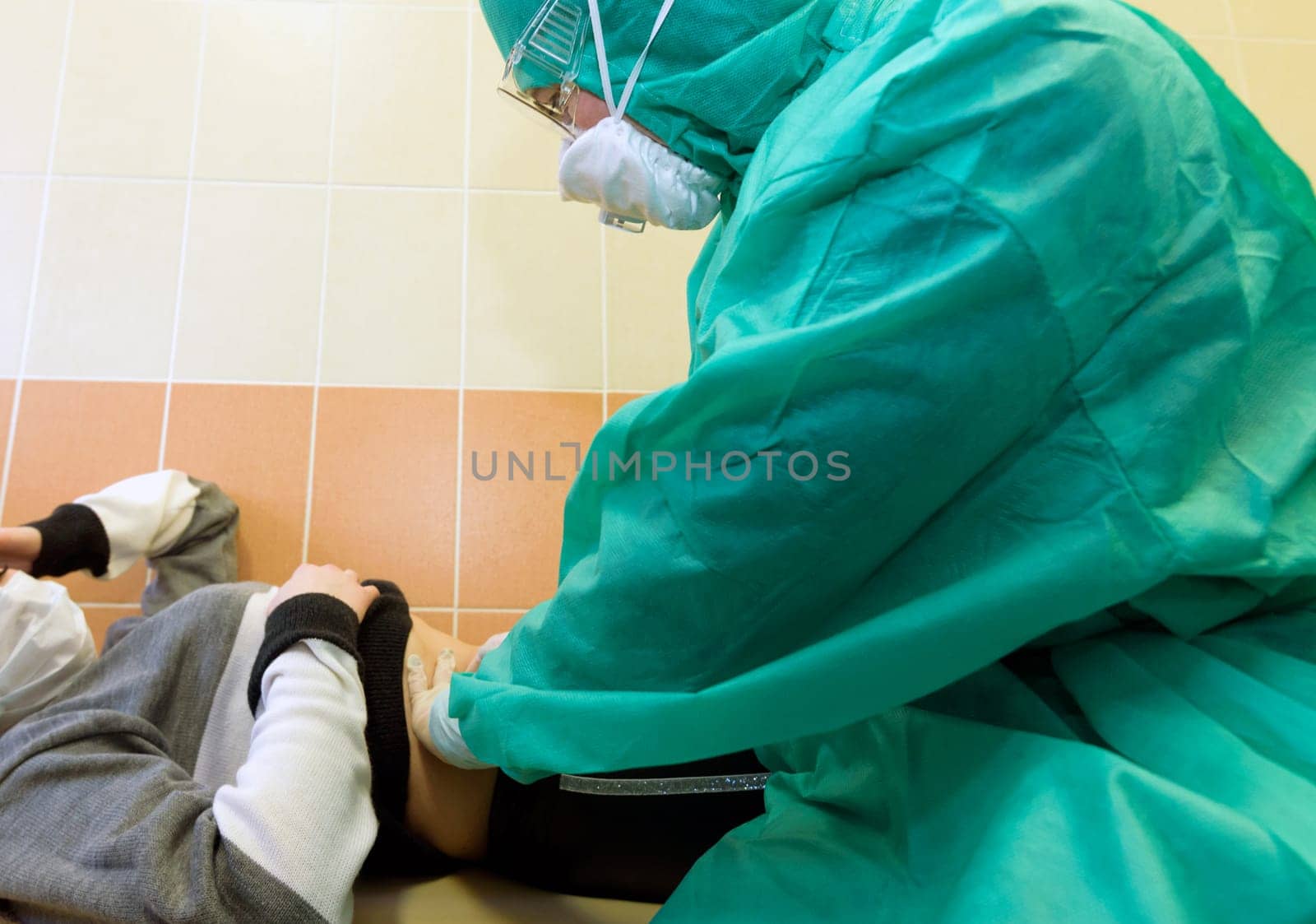 Coronavirus infection, hCov, biohazard, virus, face in protective suit and gas mask.