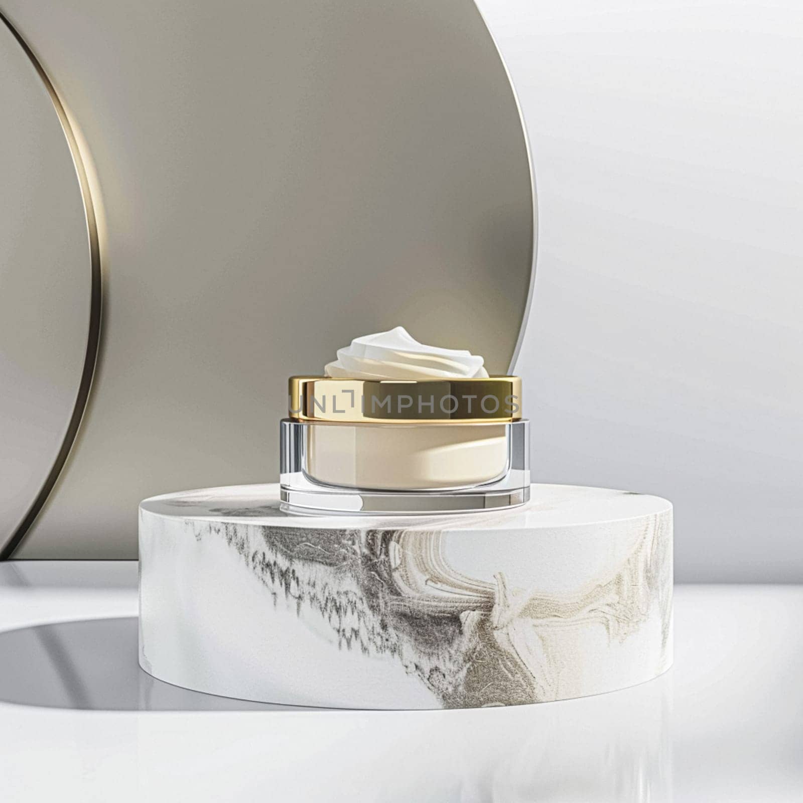 Face cream in a glass jar on a white and gold background. Skin care concept. Backdrop for beauty cosmetic products