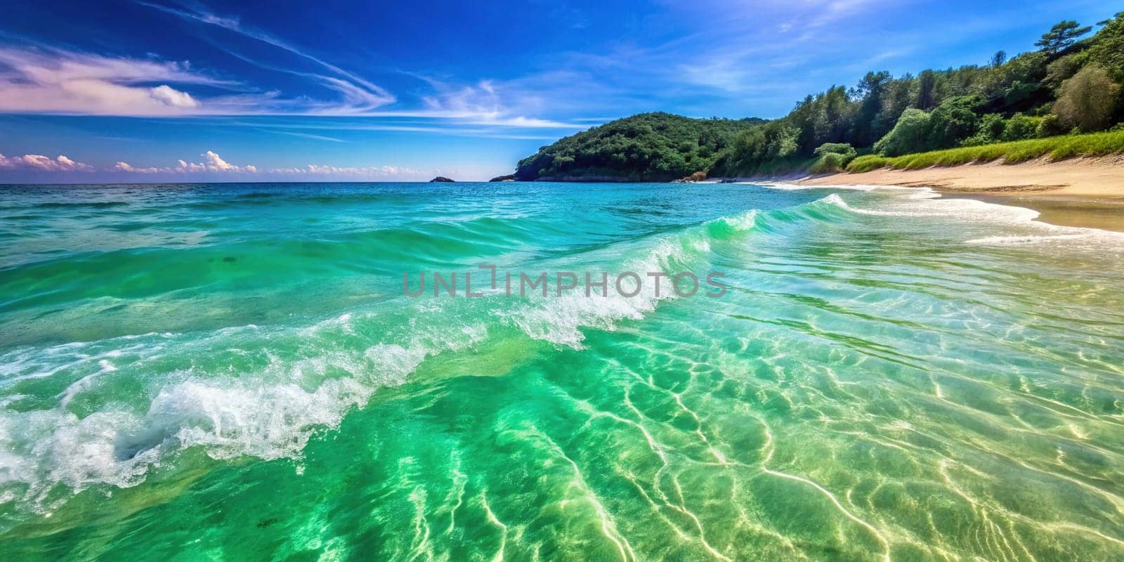 Clear Turquoise Sea with Waves on the Surface and Sandy Bottom.On this hot summer day, a clear turquoise sea reveals waves crashing onto the shore and the sandy bottom beneath the water.