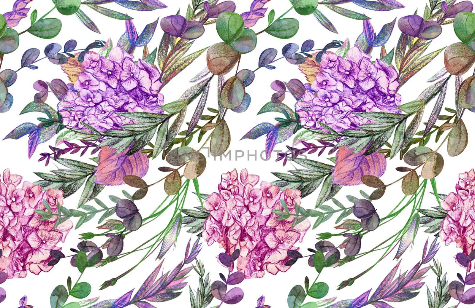 Summer pattern with hydrangea flowers drawn in pencil and watercolor for textiles and design