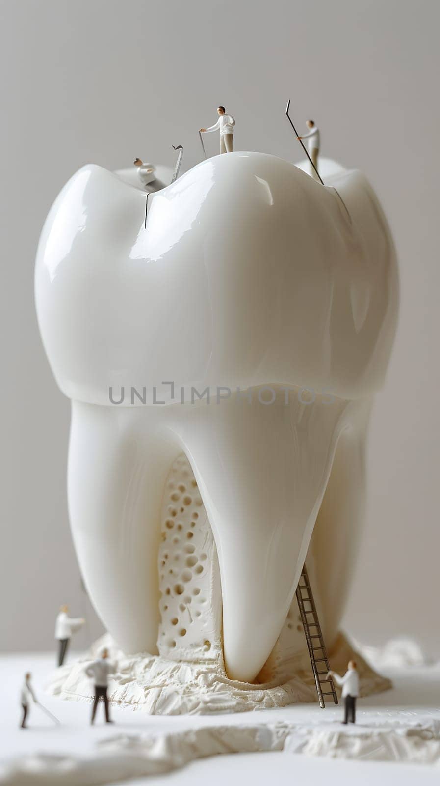 Miniature workers fixing a giant tooth, concept of dental care and maintenance.
