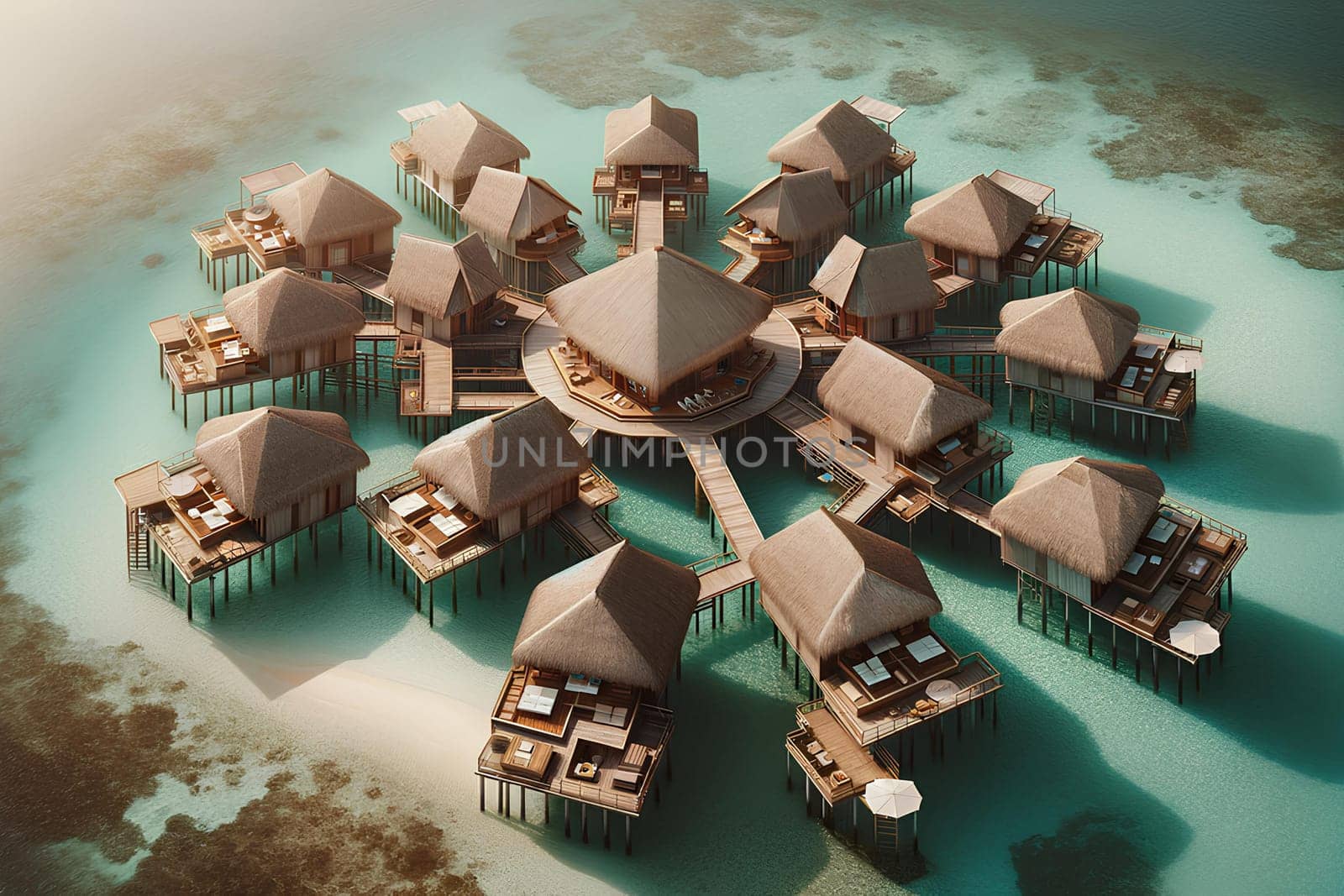 tourist bungalows on stilts in the ocean, aerial photo.
