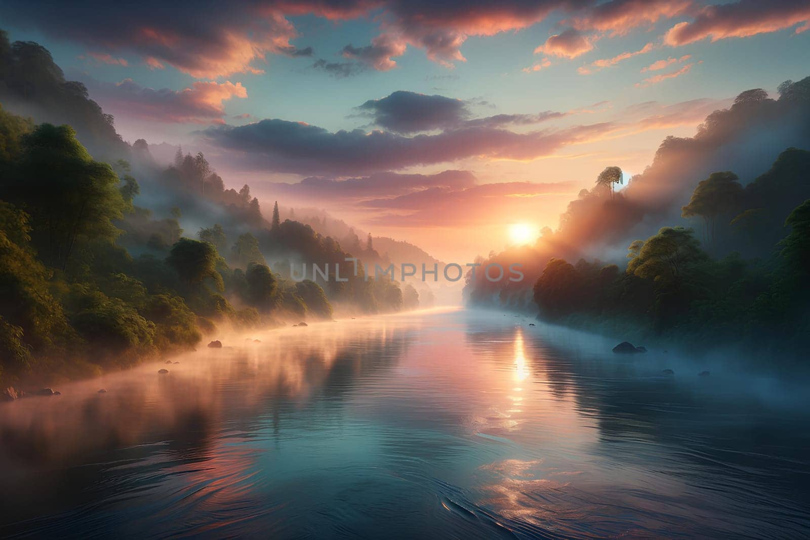 a picturesque river at dawn with light mist rising above the water.