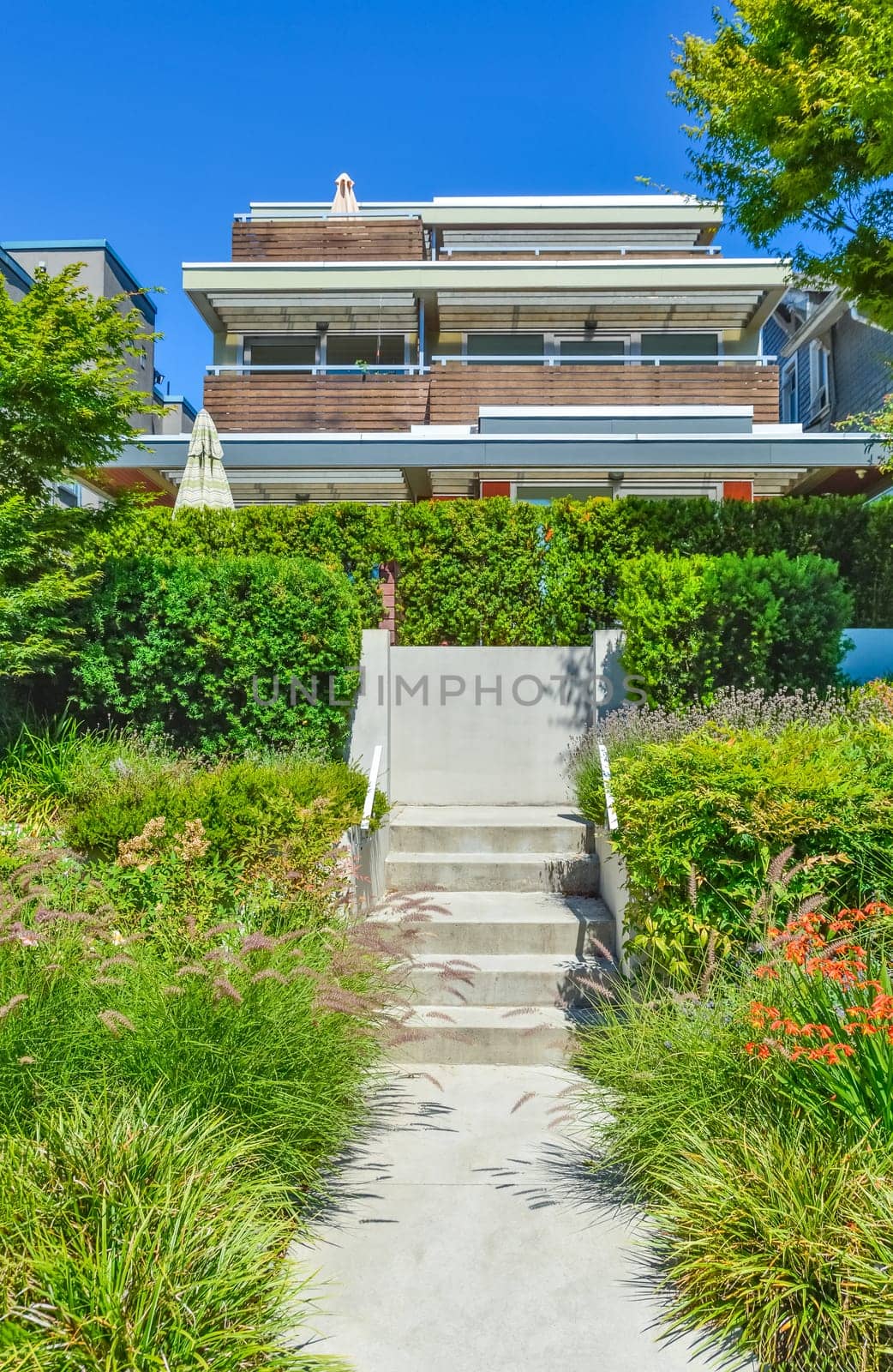 Concrete pathway over landscaped front yard and stairway to residential house on the trarrace