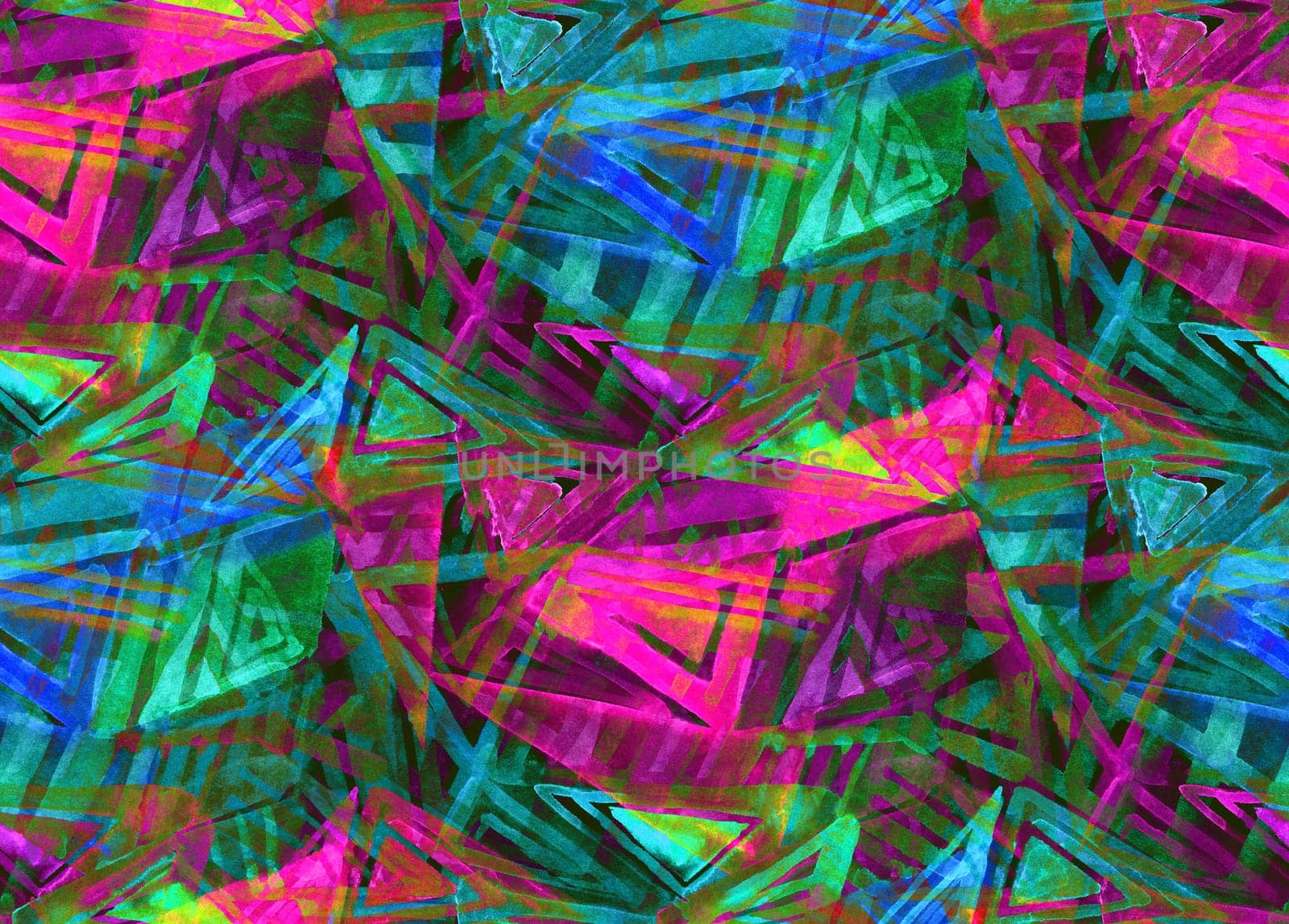 Irregular geometry bright multi-colored on a seamless pattern with watercolor painted triangles. A mix of silhouettes of bright neon shapes for modern trendy youth outerwear textiles and surface design
