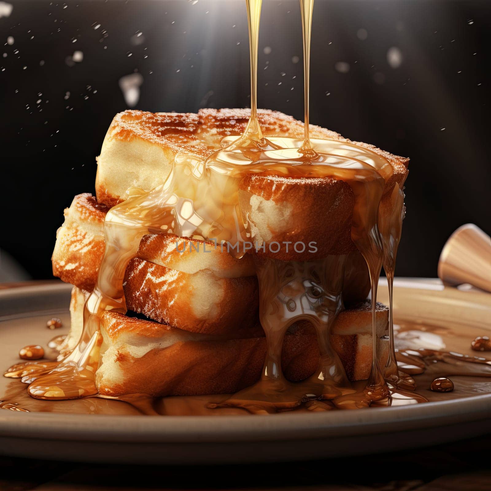 A stack of two slices of toast with melted cheese and honey on a plate. The honey is dripping down the sides of the toast. The toast is on a white plate on a white table.