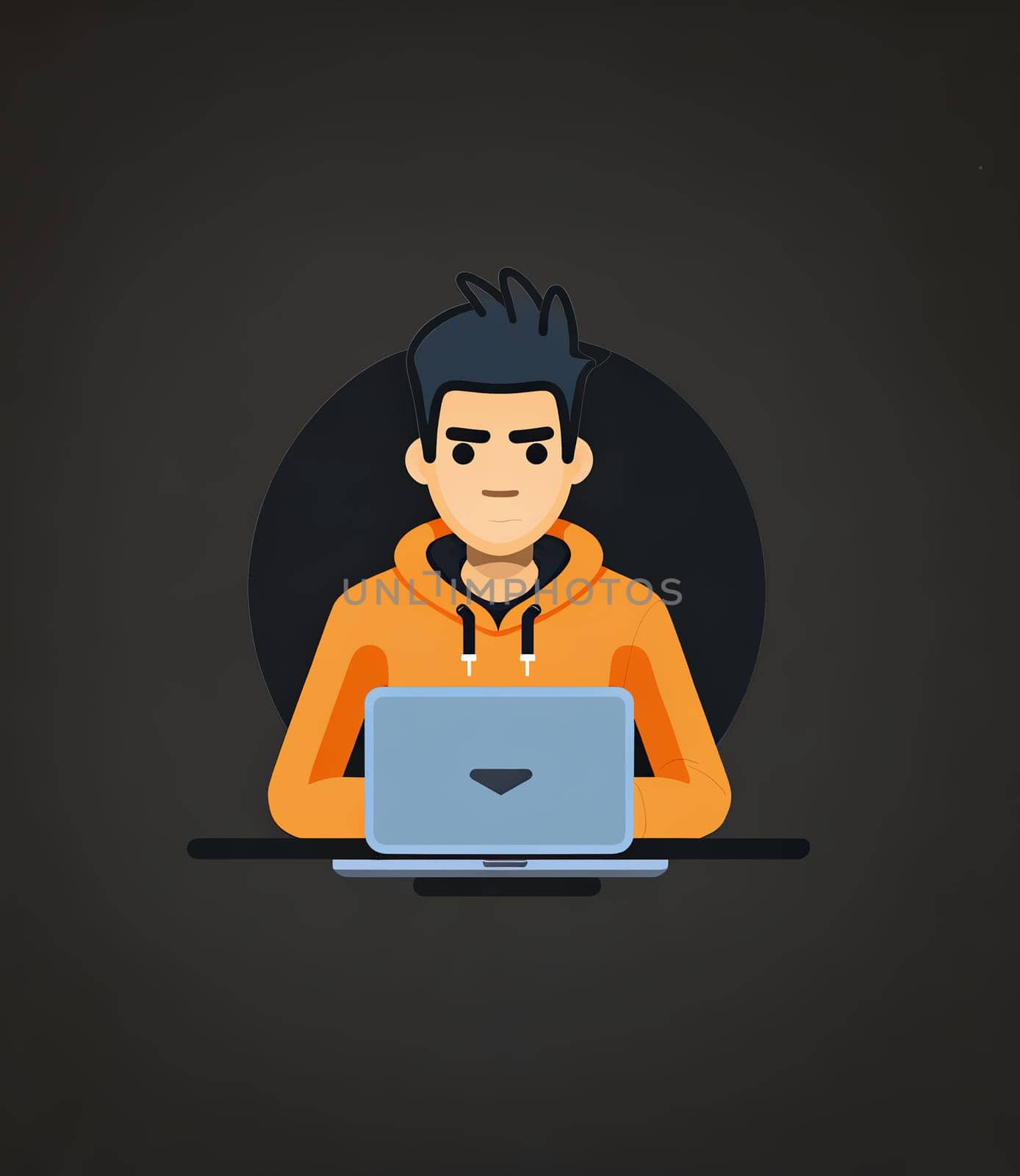 A young man wearing an orange hoodie is intently working on his laptop in a dark room. The overall scene suggests focus and concentration during nighttime hours - Generative AI