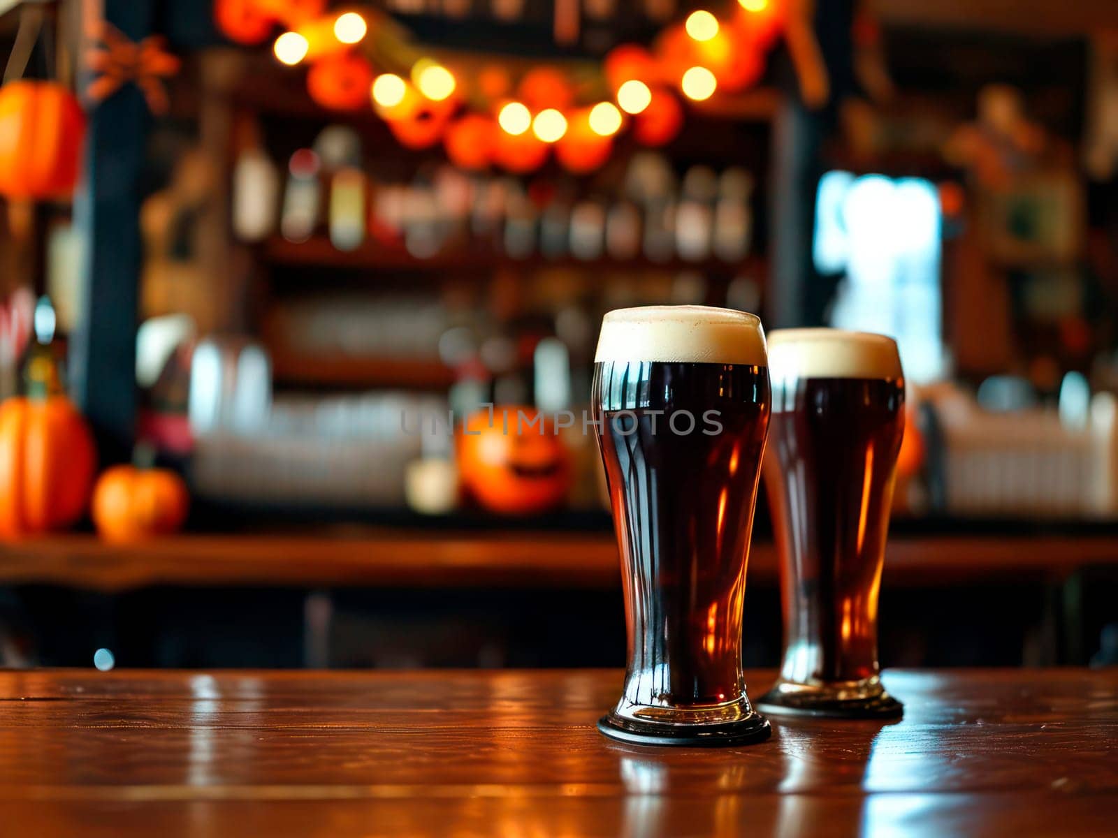 Craft beer.Used for Halloween party invitations, banners and promotions.Decorated pub for a Halloween. Copy space. AI generated.Oktoberfest