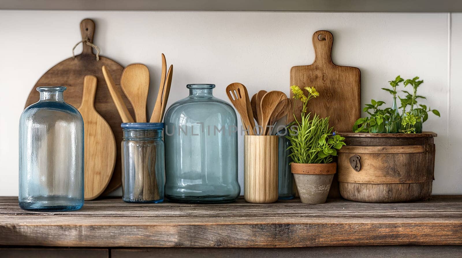 A rustic kitchen shelf features wooden cutting boards, various glass jars, wooden utensils, and potted fresh herbs, all beautifully arranged in natural light - Generative AI