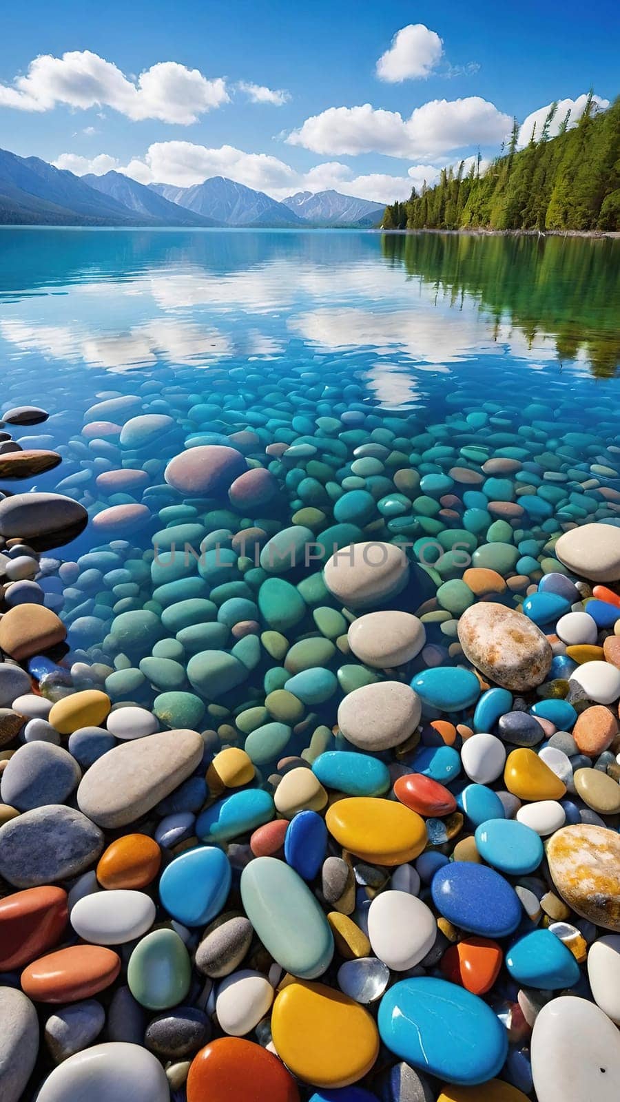 A stunning image of a crystal-clear lake with smooth, colorful pebbles lining the shore. The water reflects the vibrant blue sky and fluffy clouds above, creating a truly breathtaking scene.This mesmerizing photo showcases the beauty of nature with a close-up of smooth, colorful pebbles glistening in the crystal-clear water of a serene lake. The surrounding landscape completes the picture with lush green mountains and a bright blue sky.