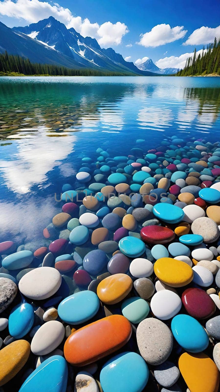 A stunning image of a crystal-clear lake with smooth, colorful pebbles lining the shore. The water reflects the vibrant blue sky and fluffy clouds above, creating a truly breathtaking scene.This mesmerizing photo showcases the beauty of nature with a close-up of smooth, colorful pebbles glistening in the crystal-clear water of a serene lake. The surrounding landscape completes the picture with lush green mountains and a bright blue sky.