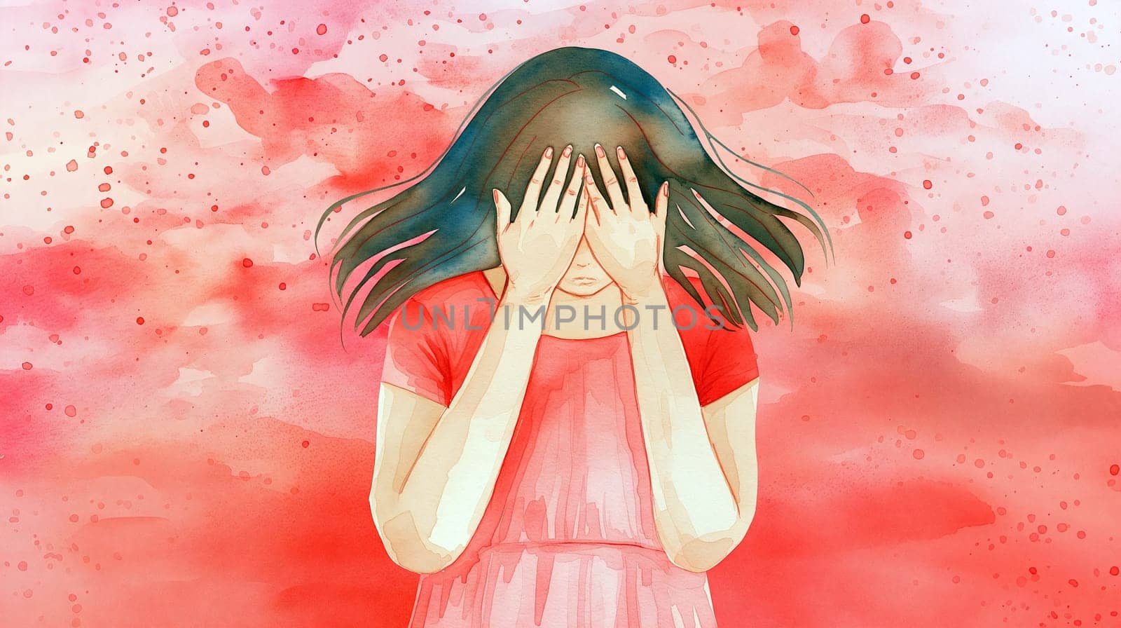A woman in a pink dress and brown hair covers her face with her hands against a vibrant red watercolor background, conveying emotions like sadness or contemplation - Generative AI