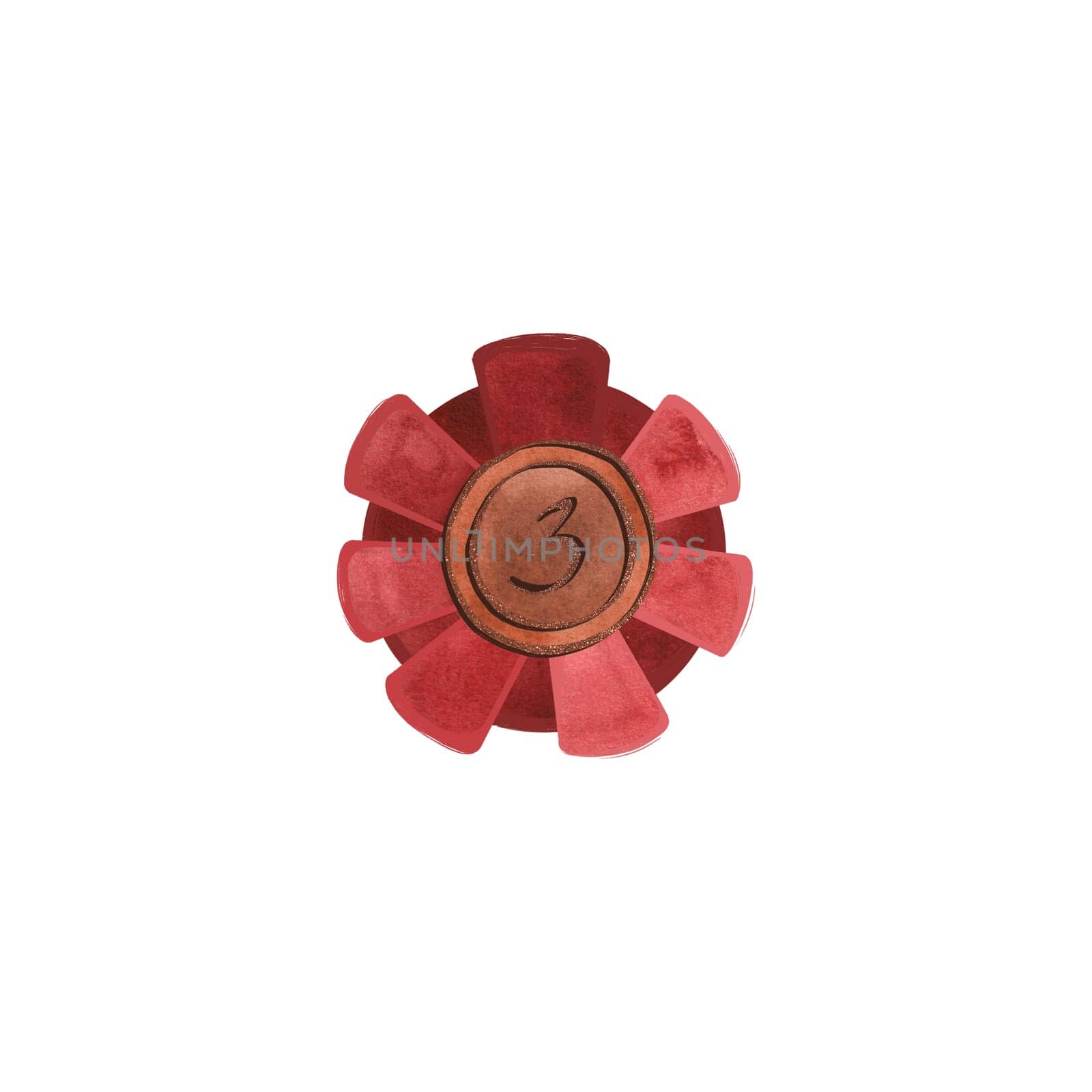 A bronze plated medal with a red ribbon border for the winner of a competition or exhibition. Symbol of good luck and achievement, prize, reward. Isolated watercolor illustration on white background. Clipart.