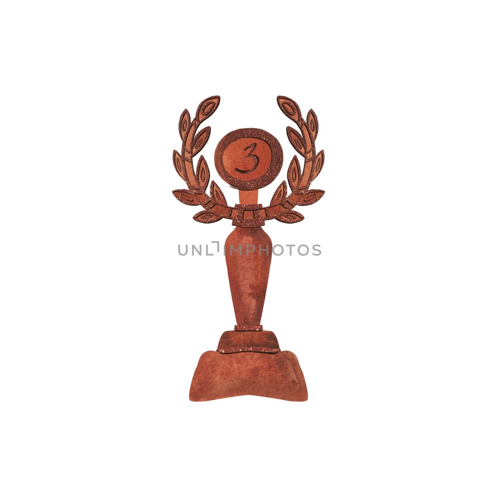 Shiny gold cup. Award for the winner of the competition. Bowl on pedestal. Symbol of success, good luck and achievements. Isolated watercolor illustration on white background. Clipart