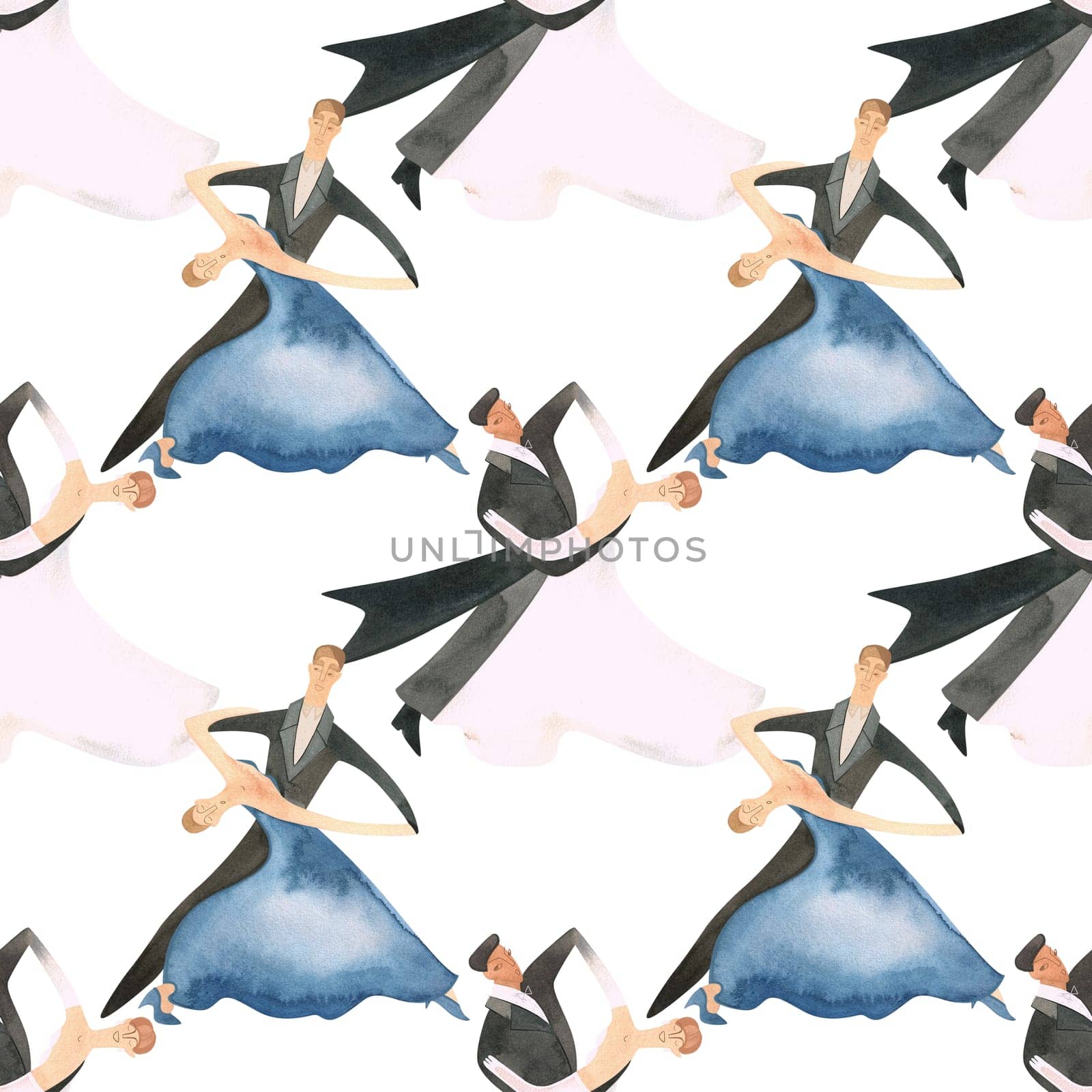 Ballroom dancing, standard. Adult couples on the parquet. Isolated watercolor illustration. Seamless pattern. White background.