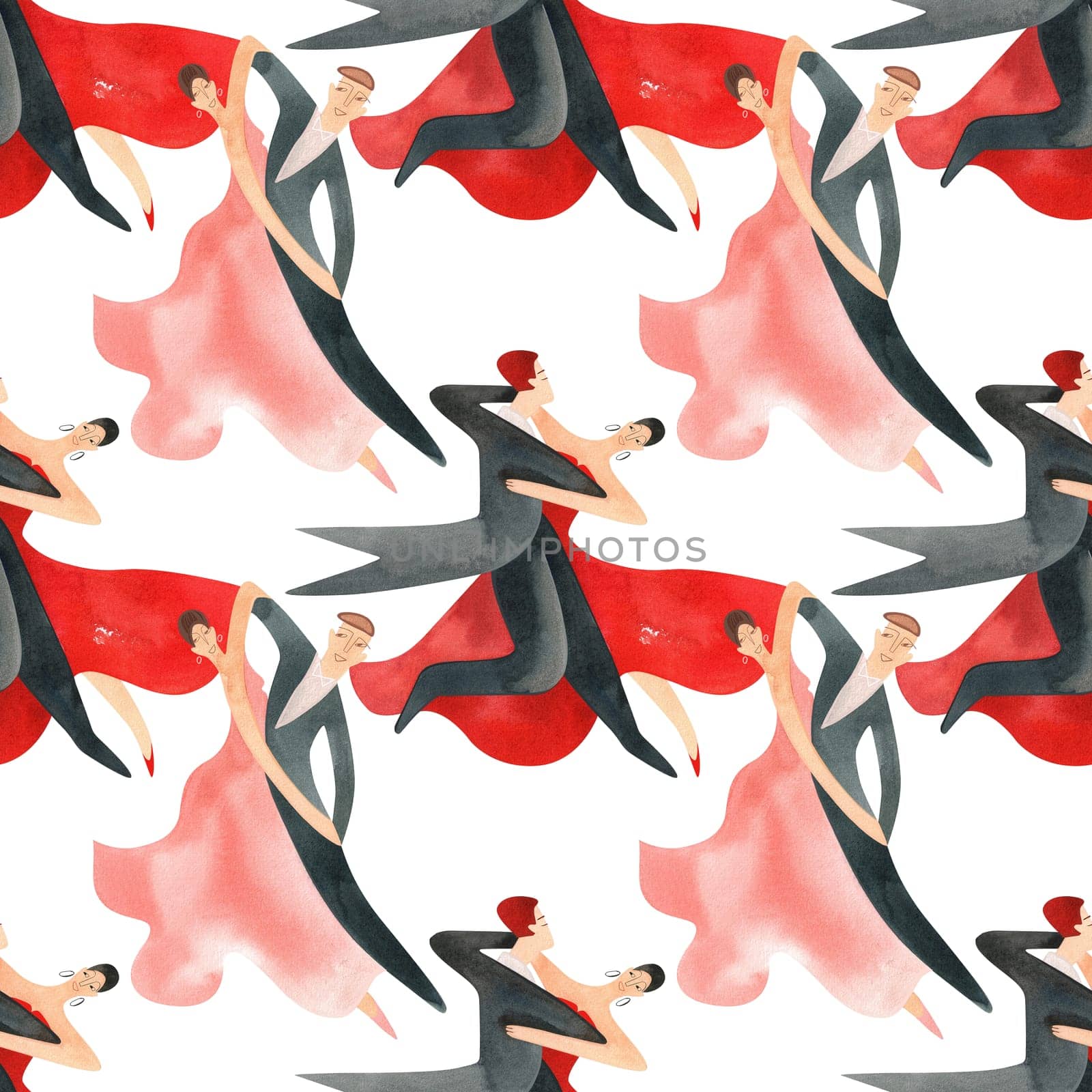 Ballroom dancing, standard. Adult couples on the parquet. Isolated watercolor illustration. Seamless pattern. White background.