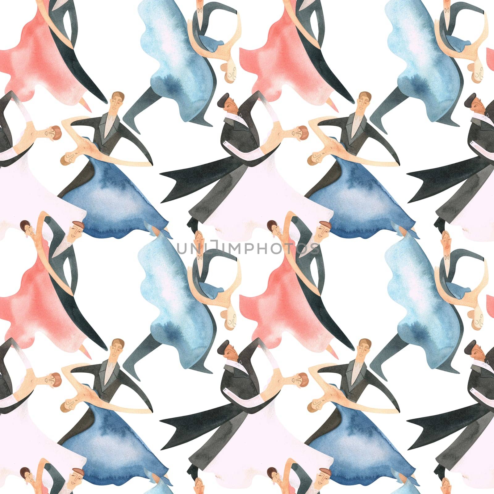Ballroom dancing, standard. Adult couples on the parquet. Isolated watercolor illustration. Seamless pattern. White background.