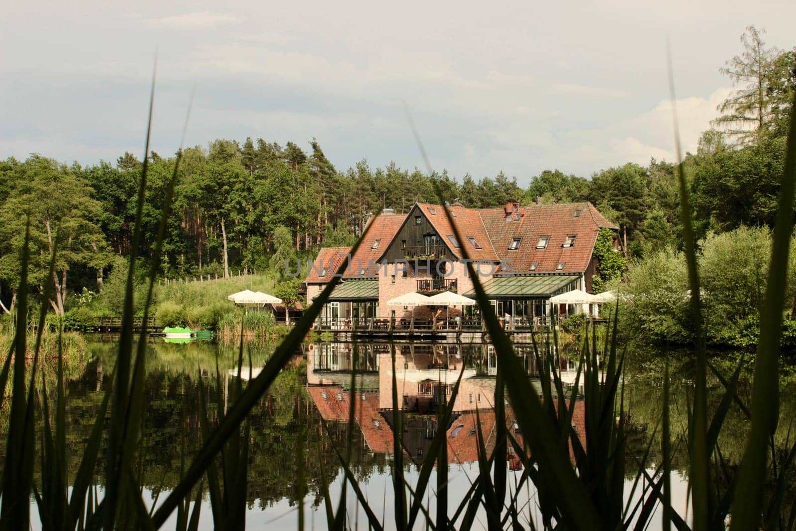 View of a residential building with a cafe-restaurant by the river in the forest. High quality photo