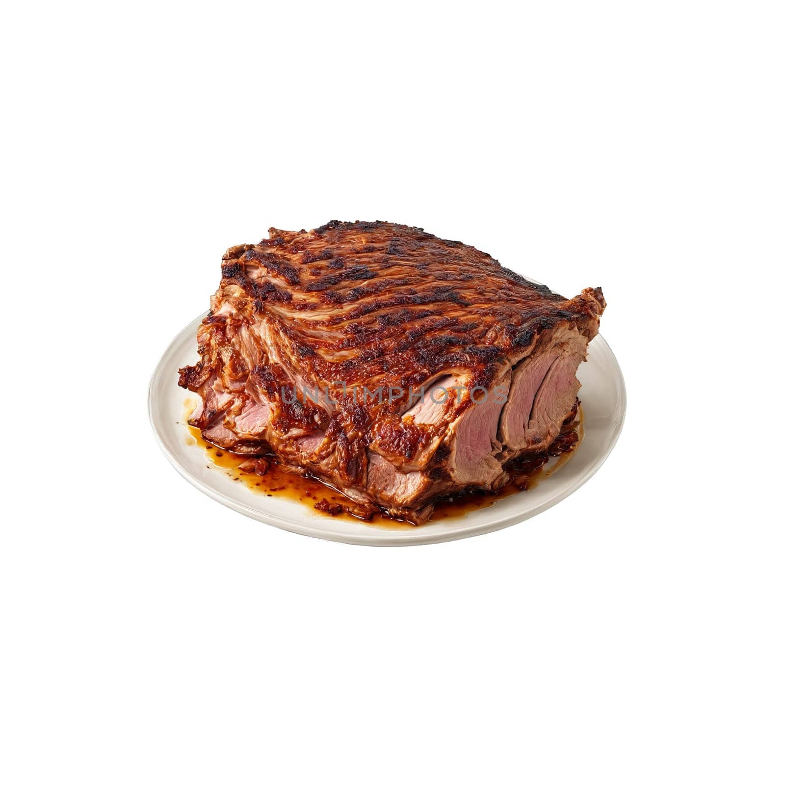 Pork shoulder with crispy skin sliced floating and steaming Food and culinary concept. Food isolated on transparent background.