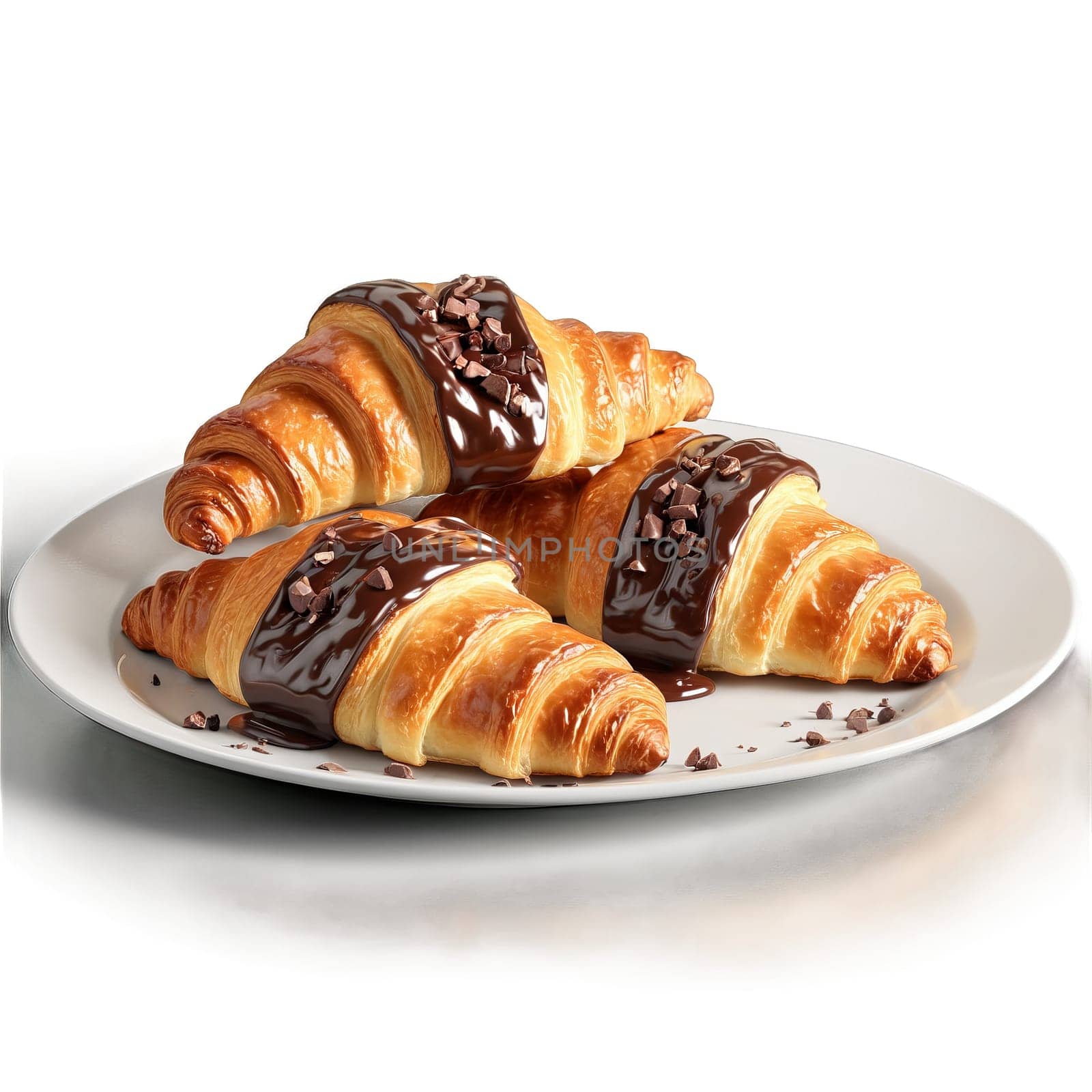 Chocolate croissant flaky halves in glass plate molten chocolate oozing Food and Culinary concept. Food isolated on transparent background.