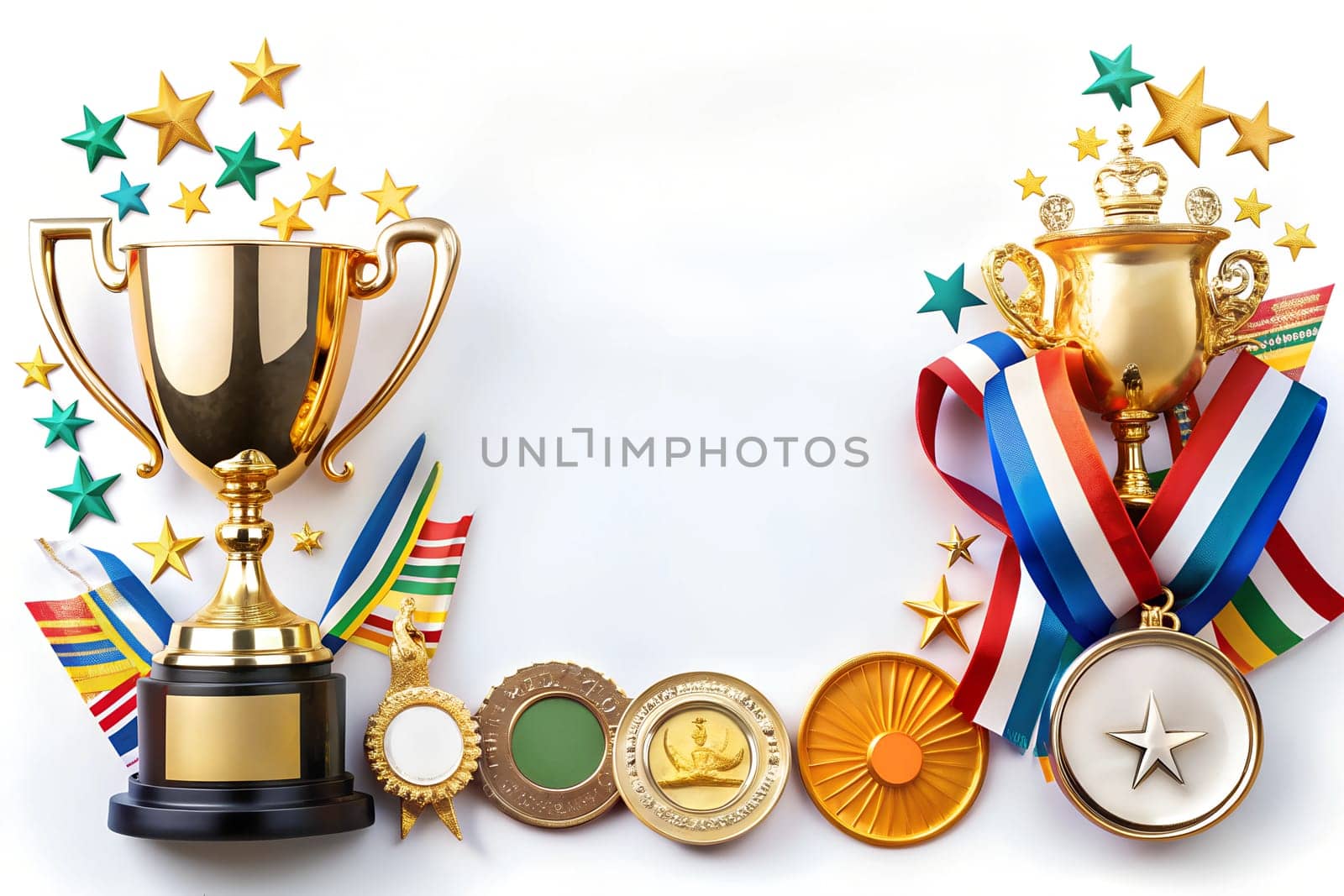 Golden cup and medal closeup on the light background. High quality photo
