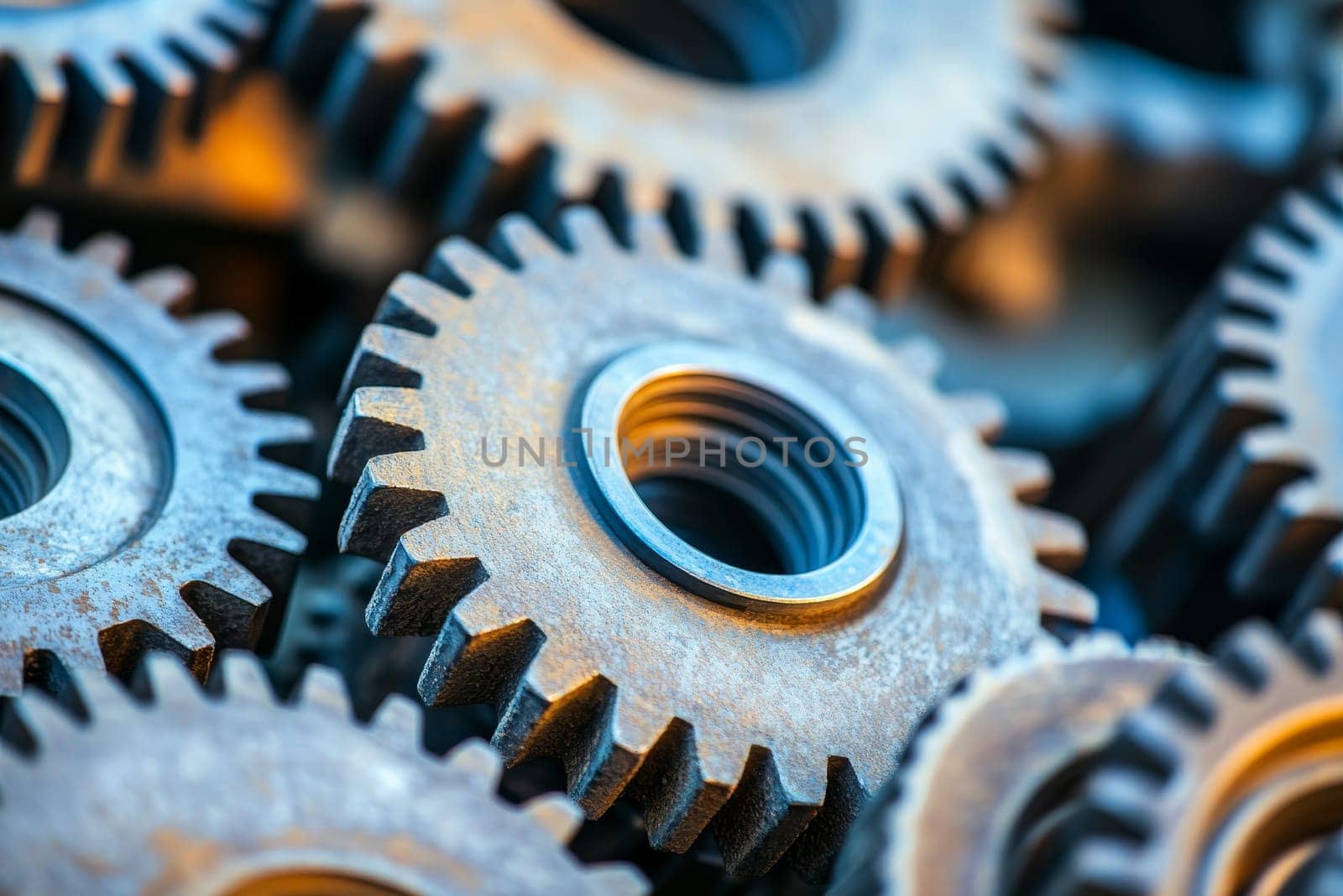 Macro shot of interlocking metal gears with precise teeth, showcasing engineering precision and mechanical synergy