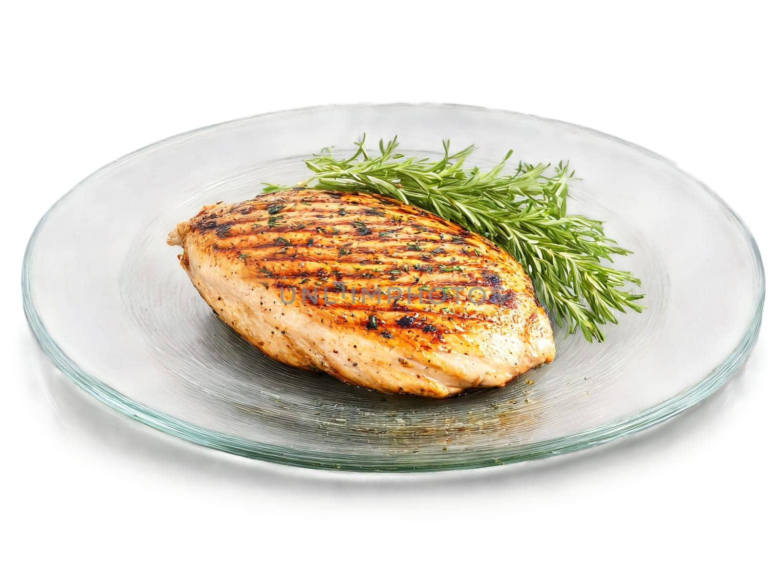 Grilled chicken breast with herbs juicy and tender on a simple transparent glass plate clean. Food isolated on transparent background.