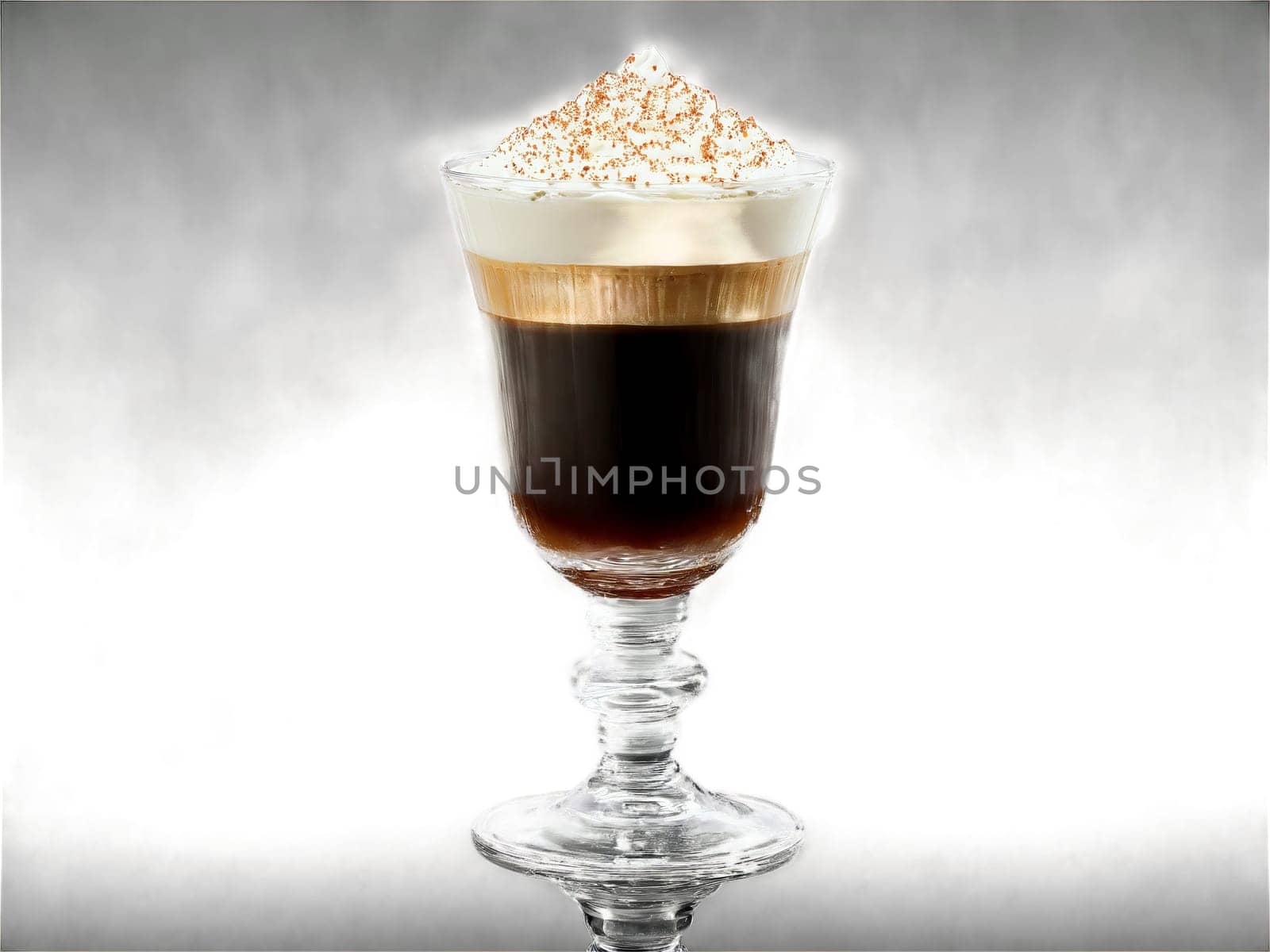 Irish coffee in a classic glass whiskey layer visible dynamic cream topping festive and inviting. Drink isolated on transparent background.