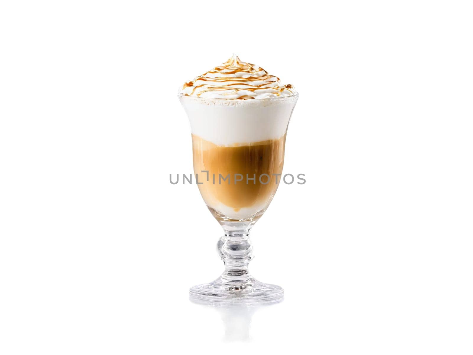 Macchiato A layered macchiato in a delicate glass with caramel drizzled over the foam. Drink isolated on transparent background.