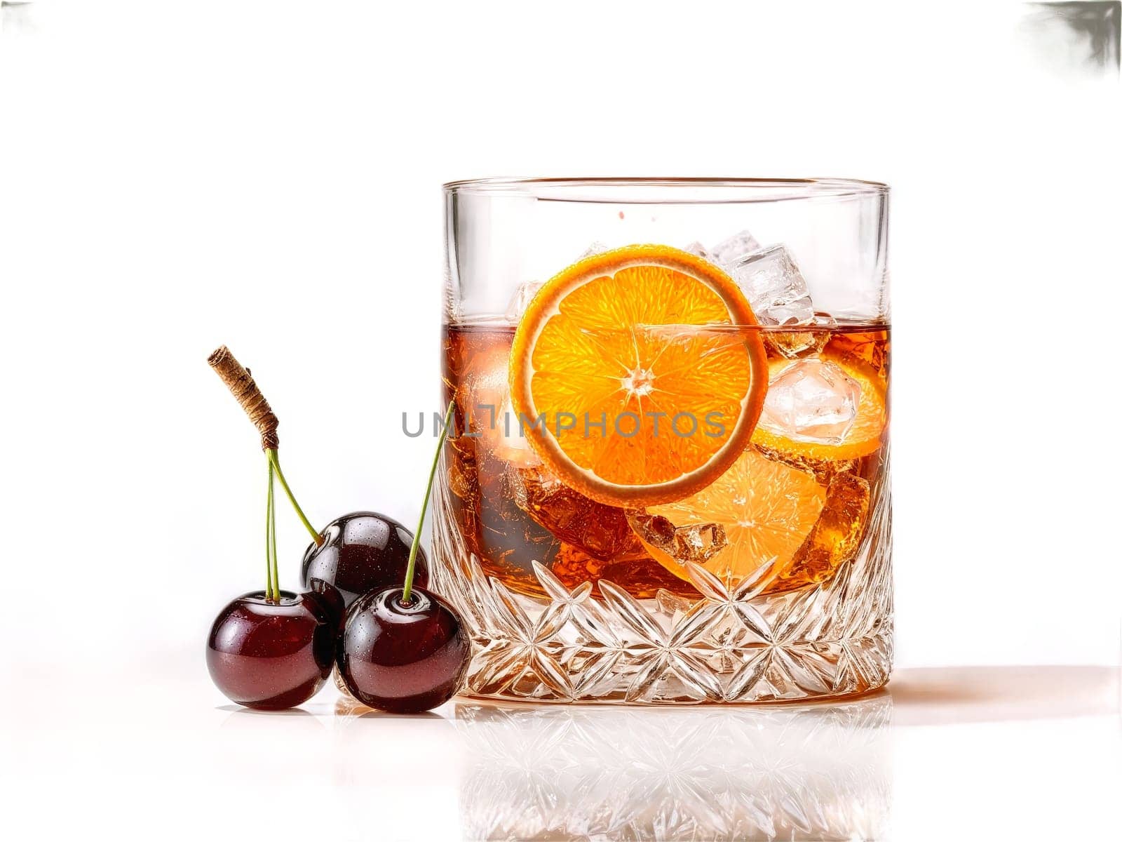 Outback Old Fashioned rocks glass filled with mixture of bourbon sugar and bitters garnished. Drink isolated on transparent background.
