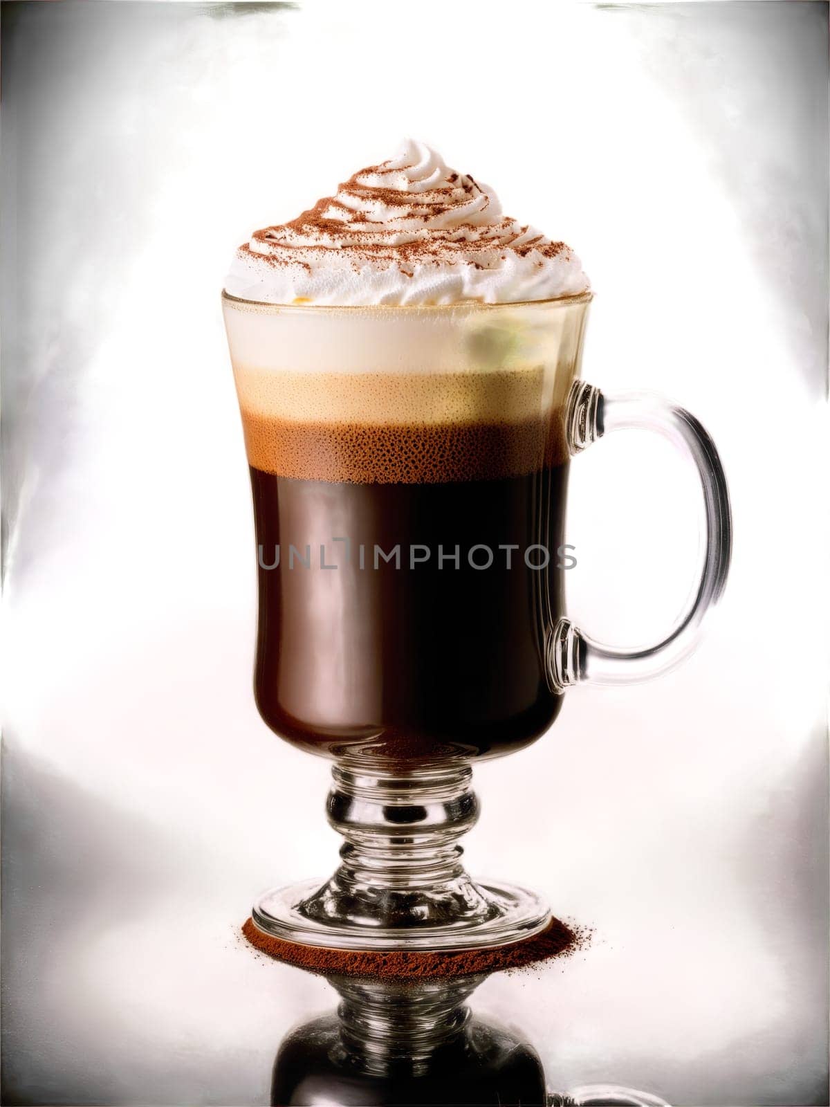 Irish Coffee clear glass mug filled with hot coffee topped with layer of creamy whiskey. Drink isolated on transparent background.