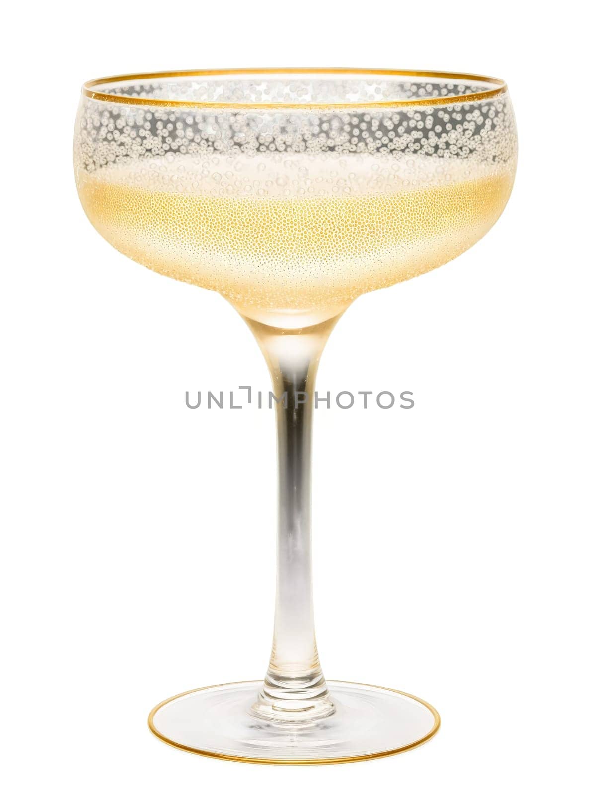 Vintage hollow stem coupe glass, crystal saucer with air bubble in stem, golden champagne bubbles, soft front lighting, romantic wedding theme, isolated.