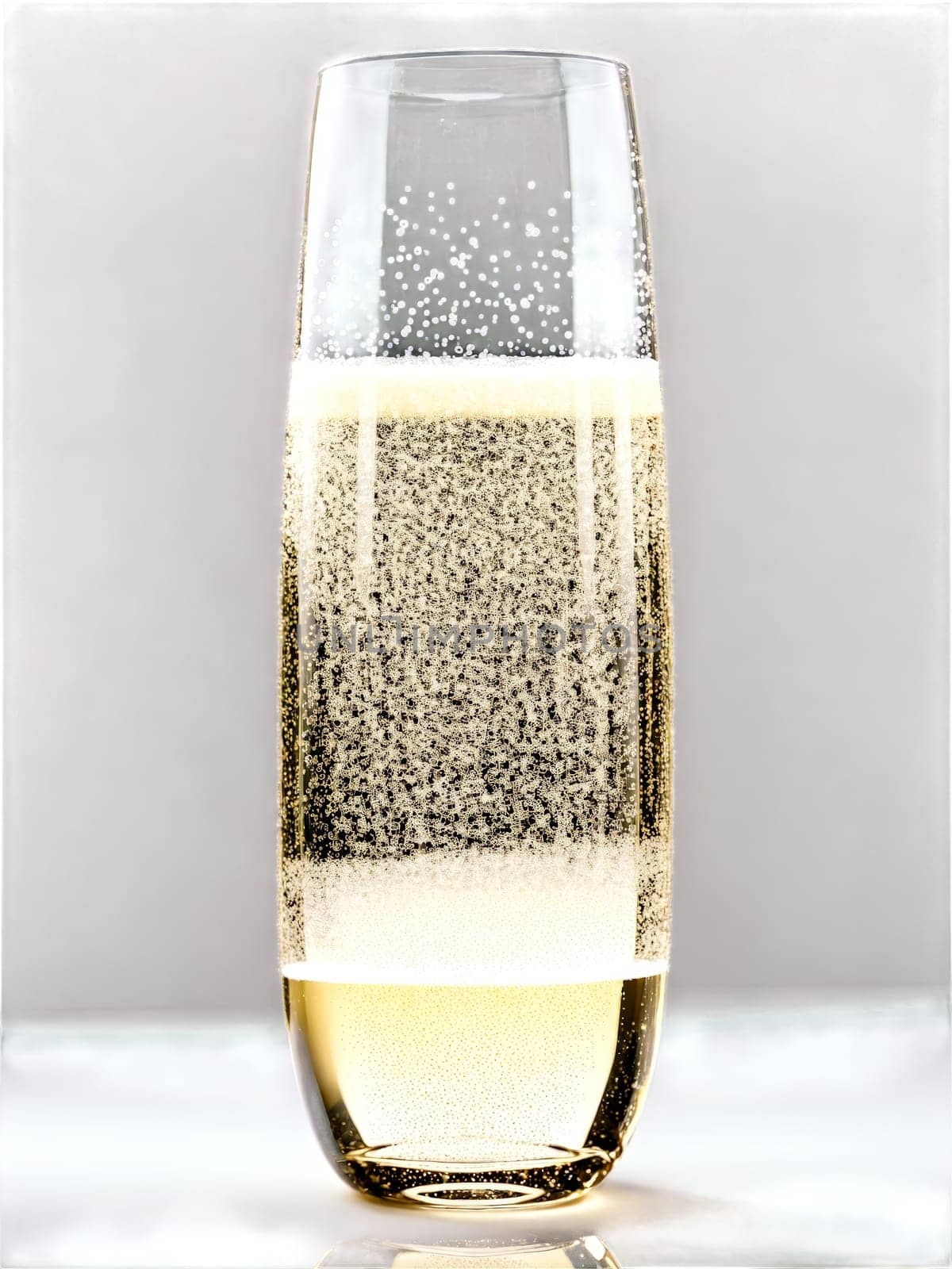 Modern stemless champagne flute, clear cylindrical tumbler, strings of bubbles in sparkling wine, side view silhouette, bright backlight, pure white background.