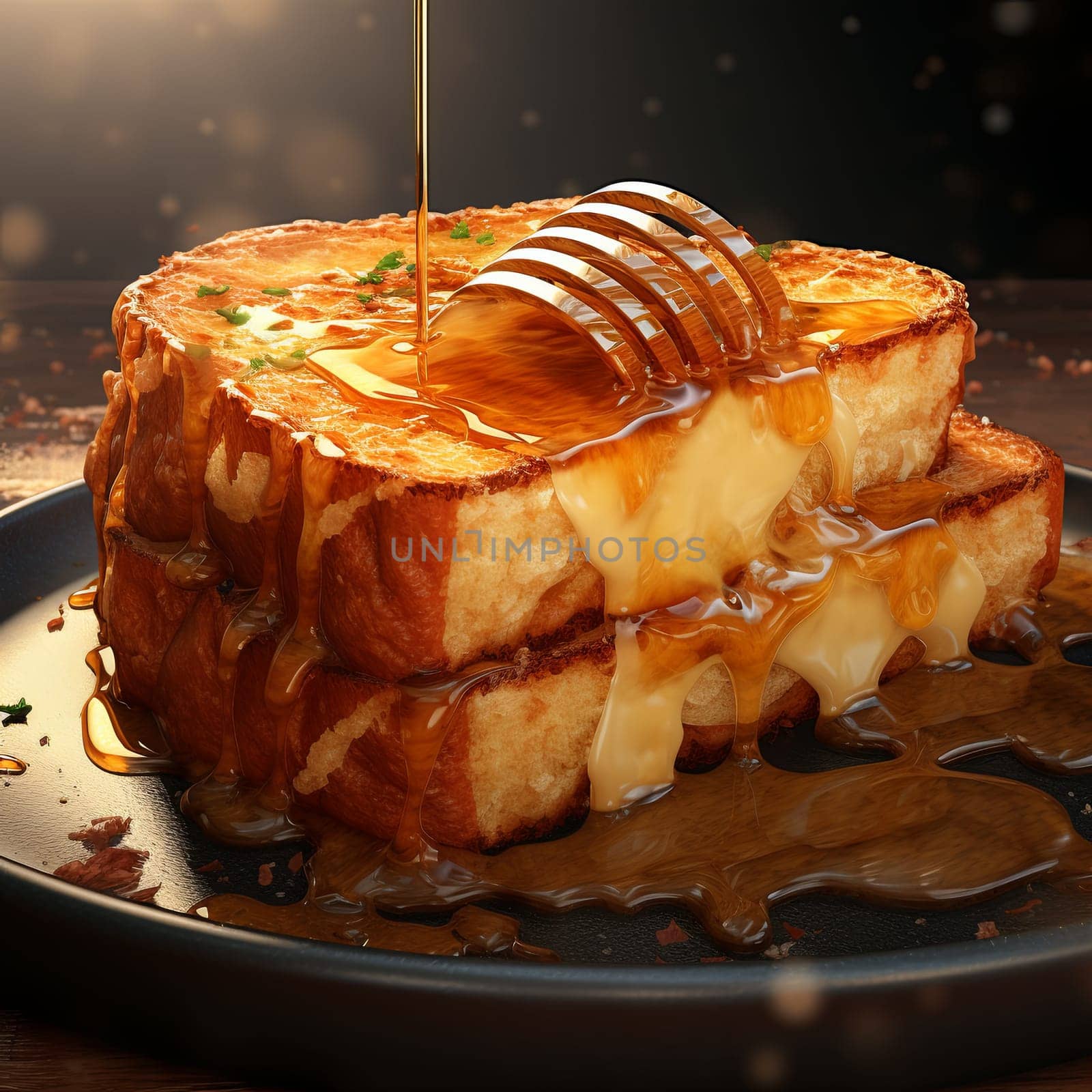 A stack of two slices of toast with melted cheese and honey on a plate. The honey is dripping down the sides of the toast. The toast is on a white plate on a white table.