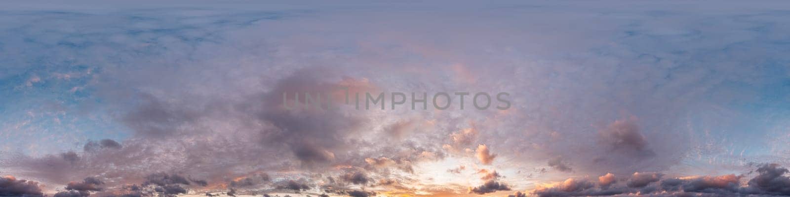 Dramatic Sunset sky 360 panorama. Vibrant sky with bright glowing red pink Cumulus clouds. HDR 360 seamless spherical panorama. Sky dome for aerial drone panoramas. Climate and weather change