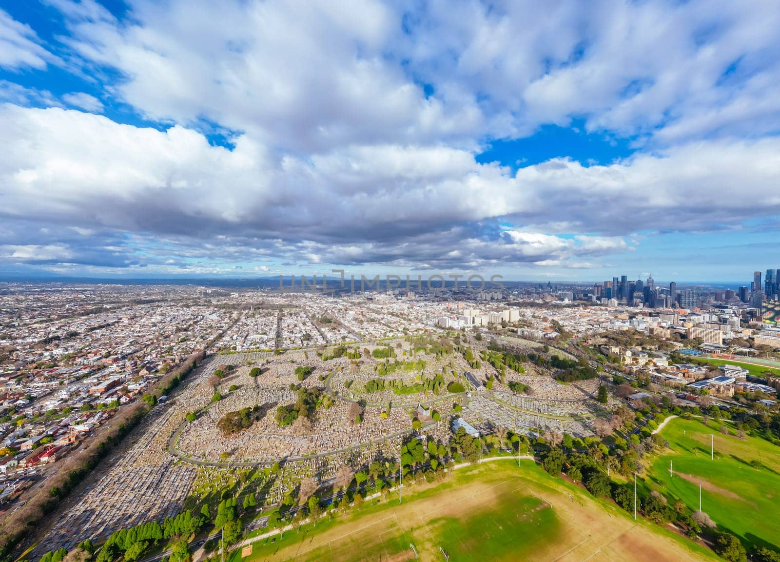 Aerial view of Melbourne Cemetery on a cool winter's day from Parkville in Victoria, Australia