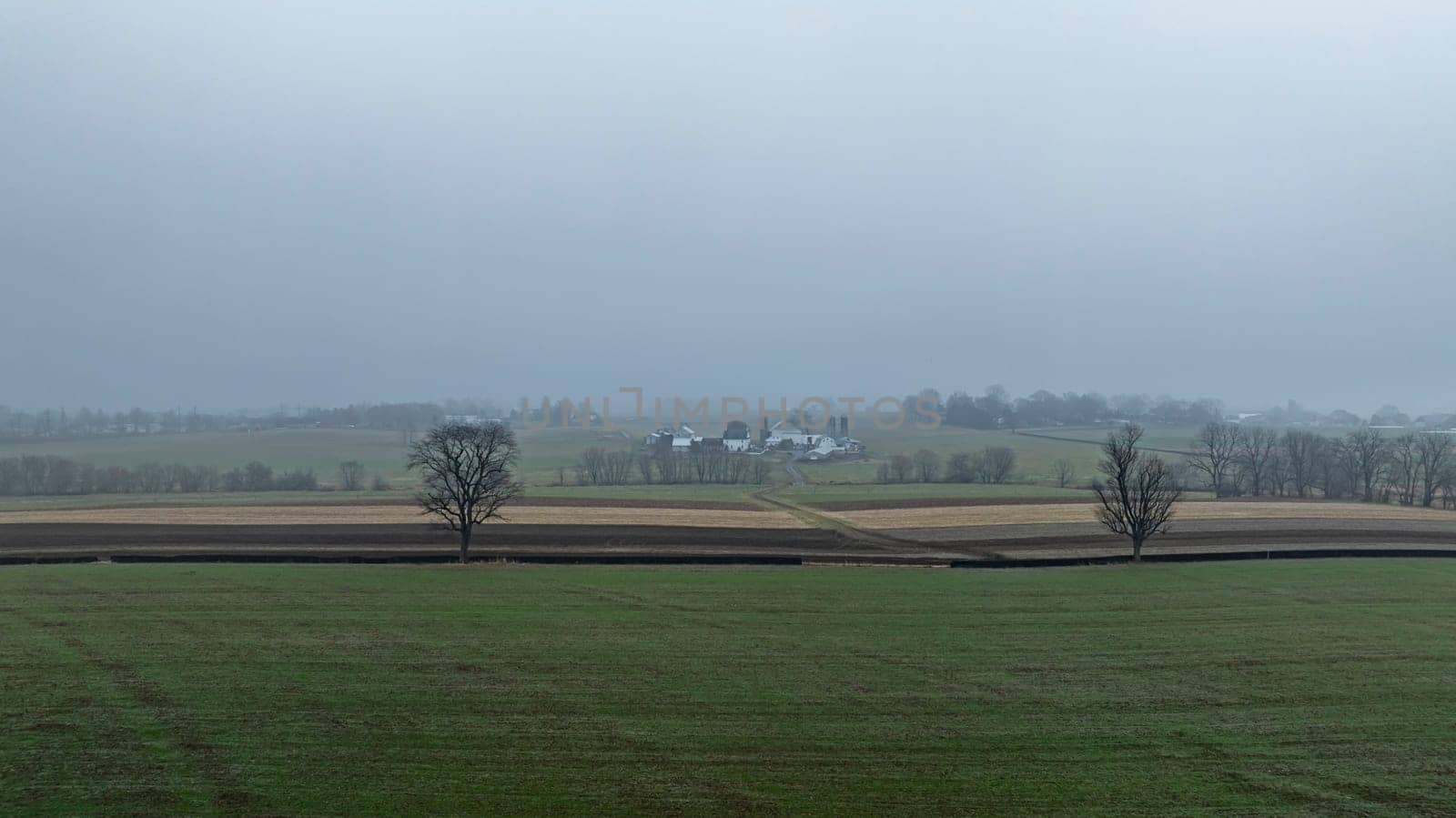 A farmhouse appears amid fog, surrounded by fields and bare trees, creating a tranquil yet mysterious atmosphere.