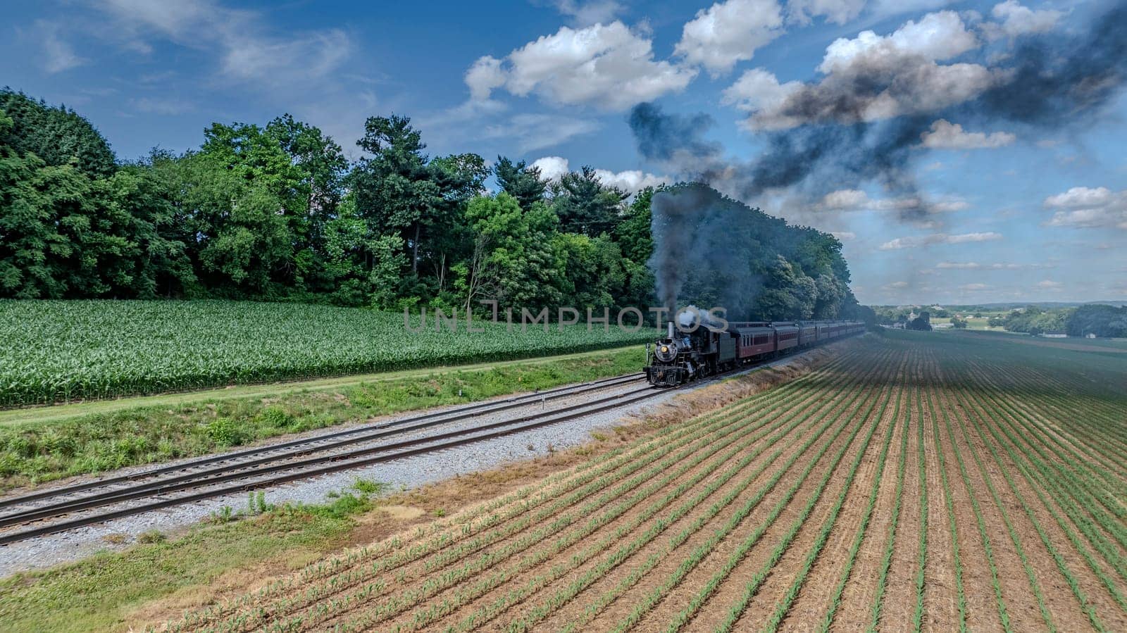 A Black Steam Locomotive Billowing Thick Smoke Pulls Red Passenger Cars Through Lush Green Fields And Forested Areas, Under A Clear Blue Sky With Puffy Clouds, Creating A Picturesque Countryside Journey.